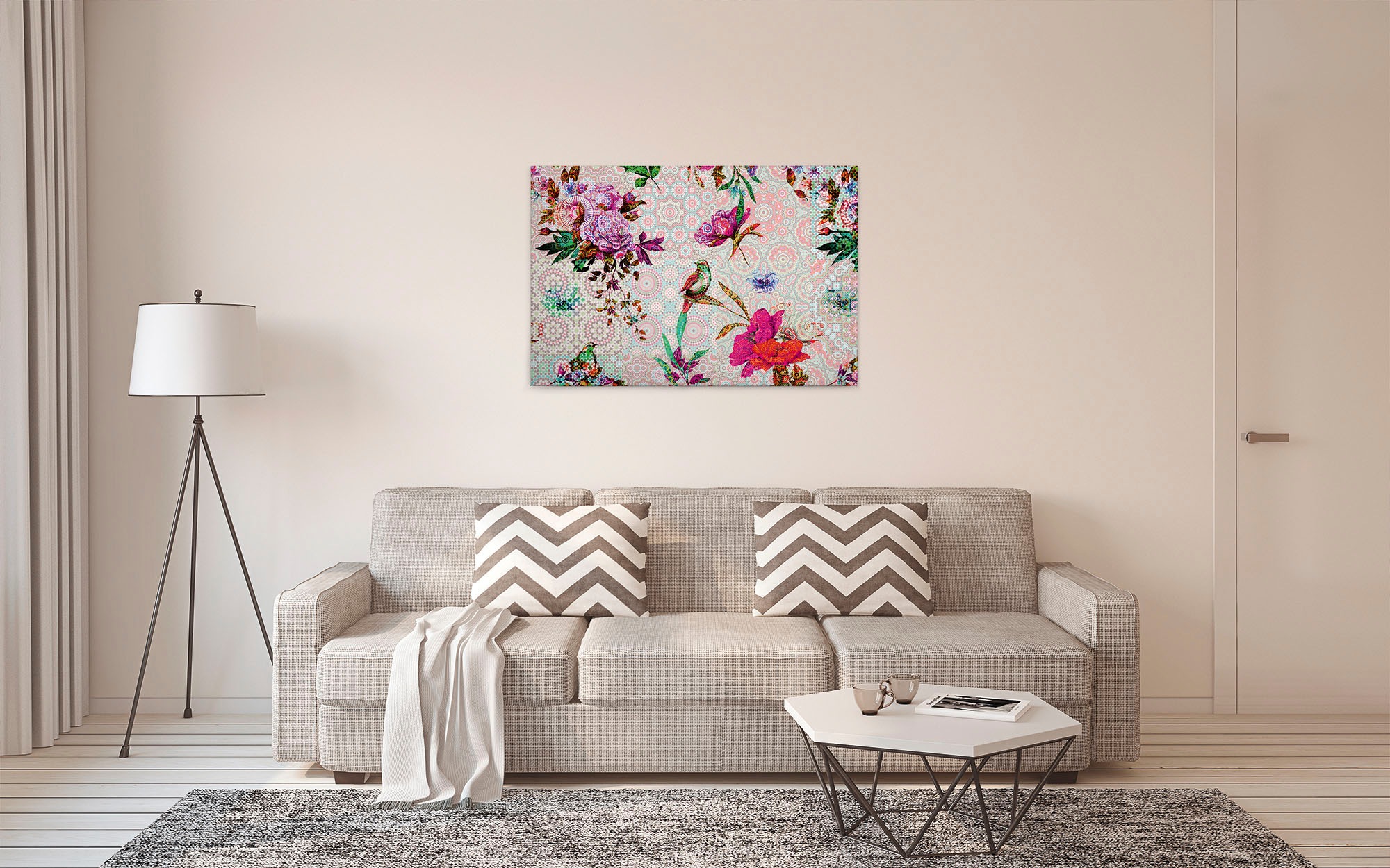 A.S. Création Leinwandbild »mosaic garden«, Kunst-Vögel-Kinder, (1 St.), Mosaik Keilrahmen Floral Blumen Vögel Leinwand-Bild Wohnzimmer modern
