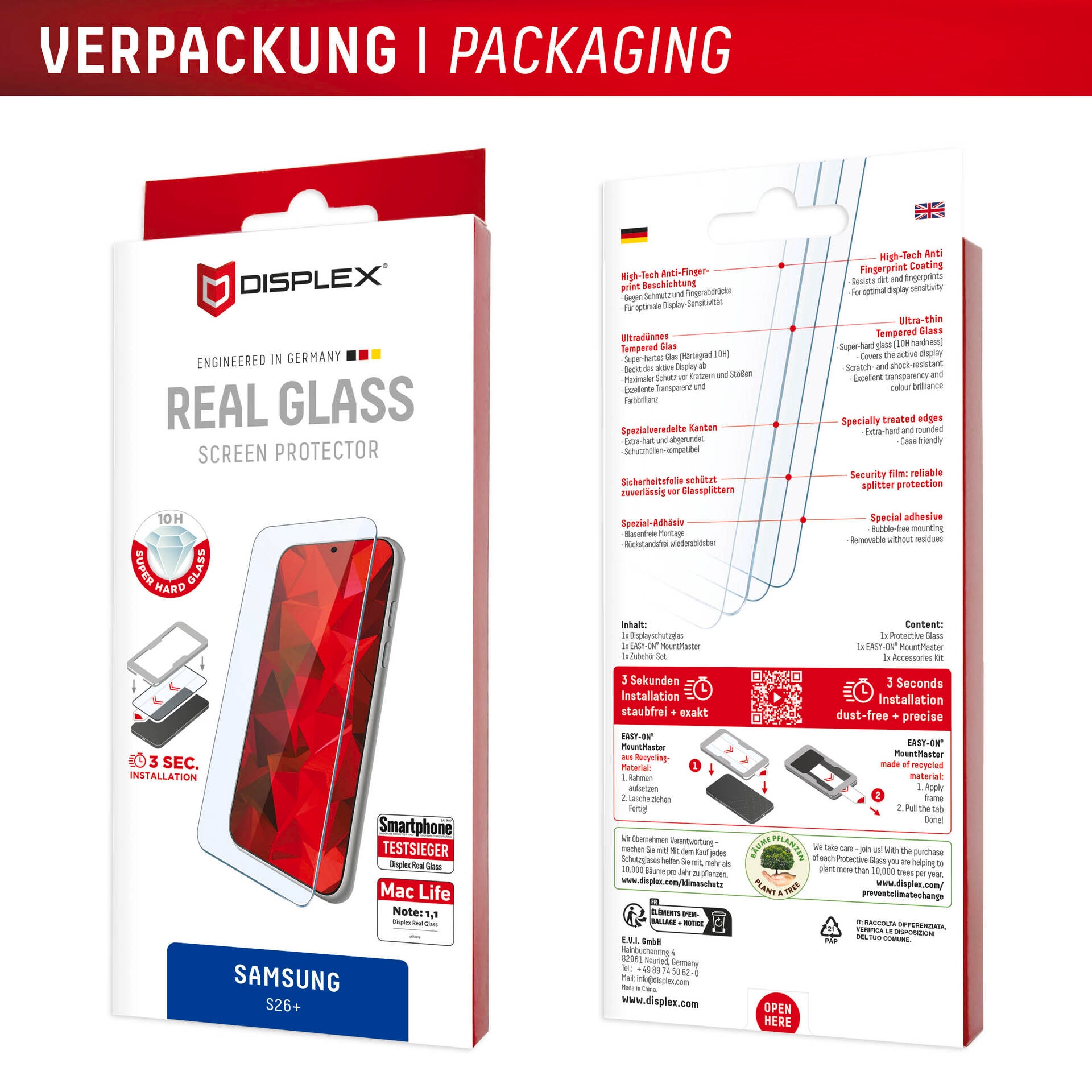 Displex Displayschutzglas »Real Glass Screen Protector mit MountMaster« für Samsung Galaxy S26+ Displayschutzfolie, Schutzfolie, Bildschirmschutz, kratz- & stoßfest