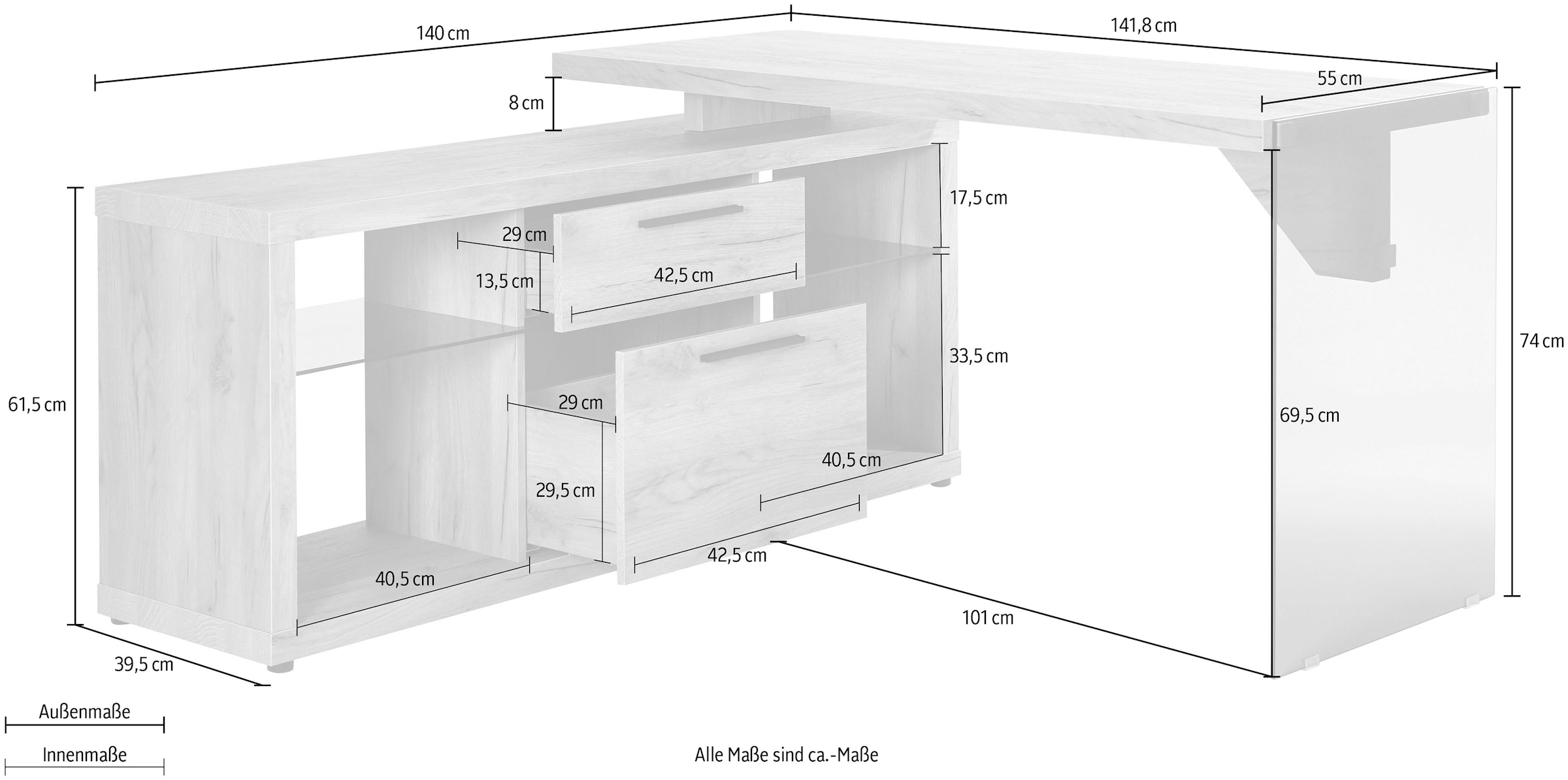 Jahnke Eckschreibtisch »LUX«, wechselseitig montierbar, Seitenteil aus ESG Sicherheitsglas