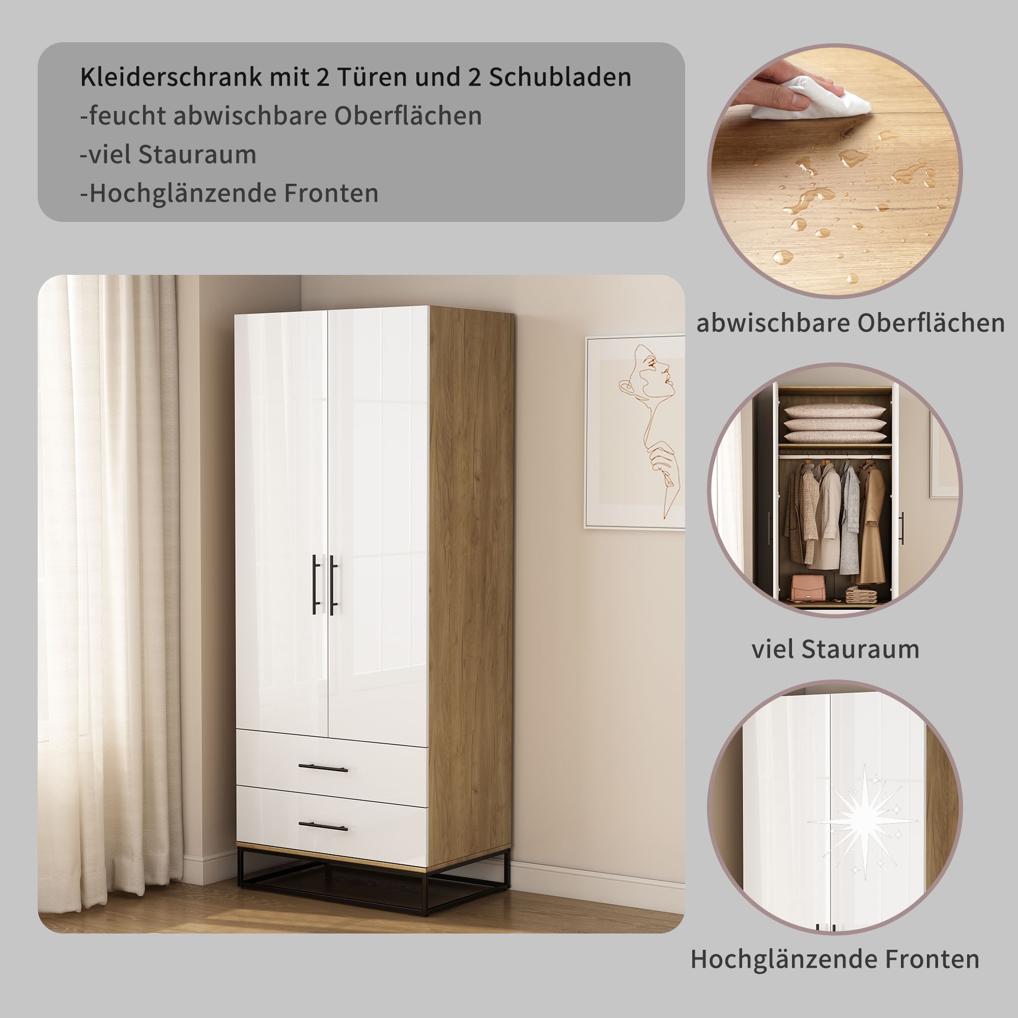 OTTO home Kleiderschrank »Lucca Schlafzimmerschrank Garderobe hochglanz Bestseller« Hochwertige schwarze Griffe und Kufengestell, 