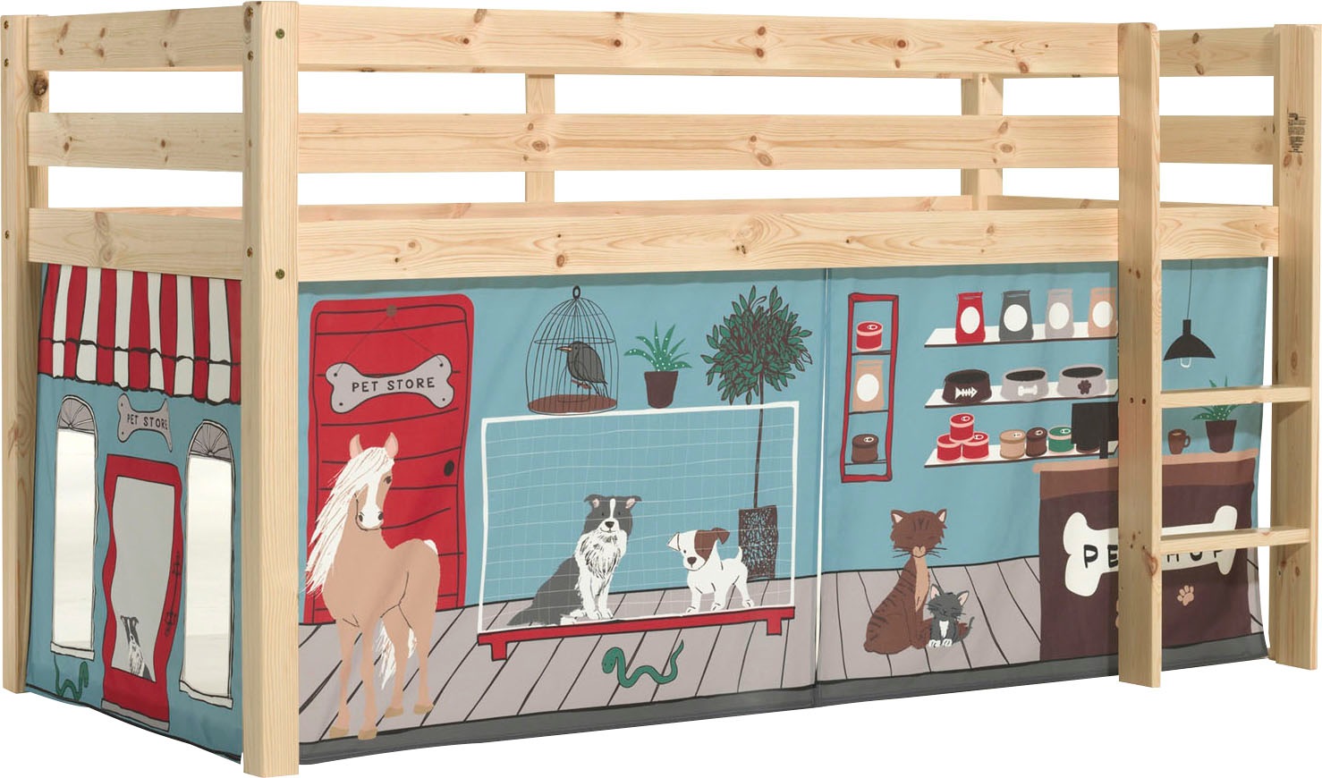 Vipack Spielbett »Vipack Pino«, (Made in Europe), mit Textil-Set, inkl. Rolllattenrost, in Natur, Weiß oder Grau