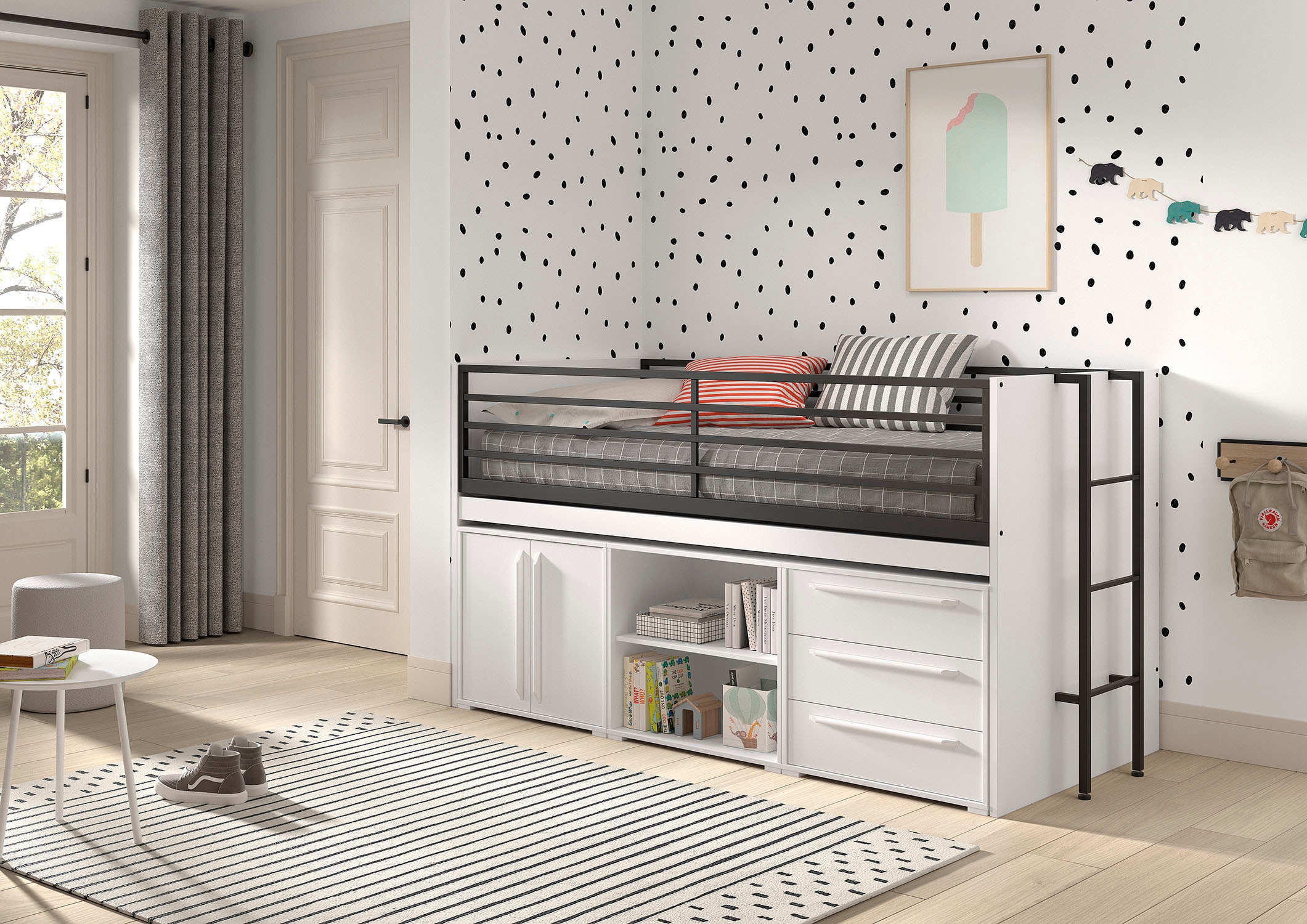 Vipack Stauraumbett »Sam, schlafen und arbeiten in einem, wahlweise Eiche- oder Weiß-Dekor« Liegefläche 90x200 cm, darunter eine große ausziehbare Schreibplatte,  mit Absturzschutz, Leiter u. Stauraum, pflegeleichte Dekor Oberfläche