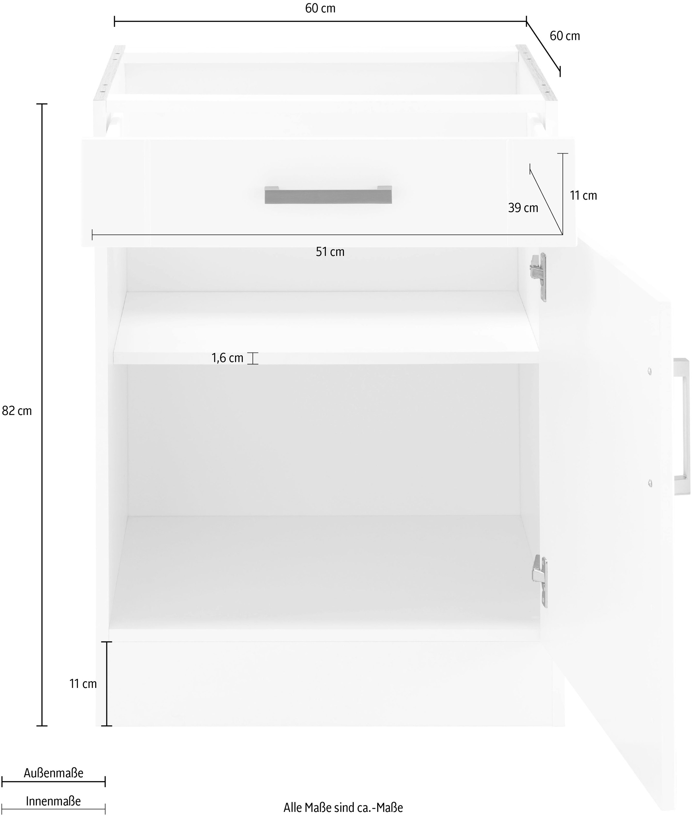 KOCHSTATION Unterschrank »KS-Tinnum«, 60 cm breit, MDF-Fronten, Metallgriff, 1 Schubkasten, 1 Tür