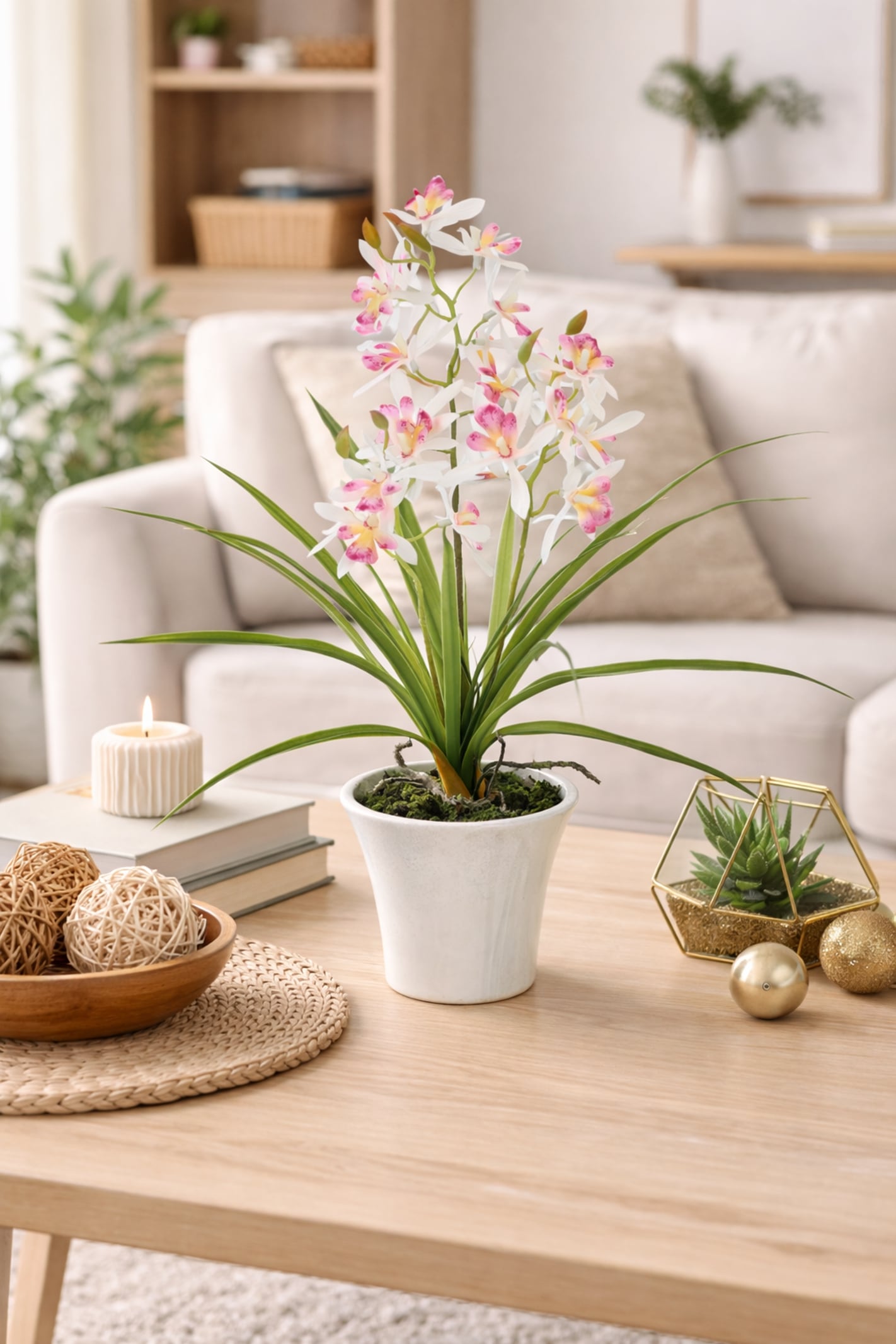 I.GE.A. Kunstorchidee »Künstliche Orchidee mit Topf« Dekoblume Kunstblume 40cm mit Blätter und Luftwurzeln im Topf Blume