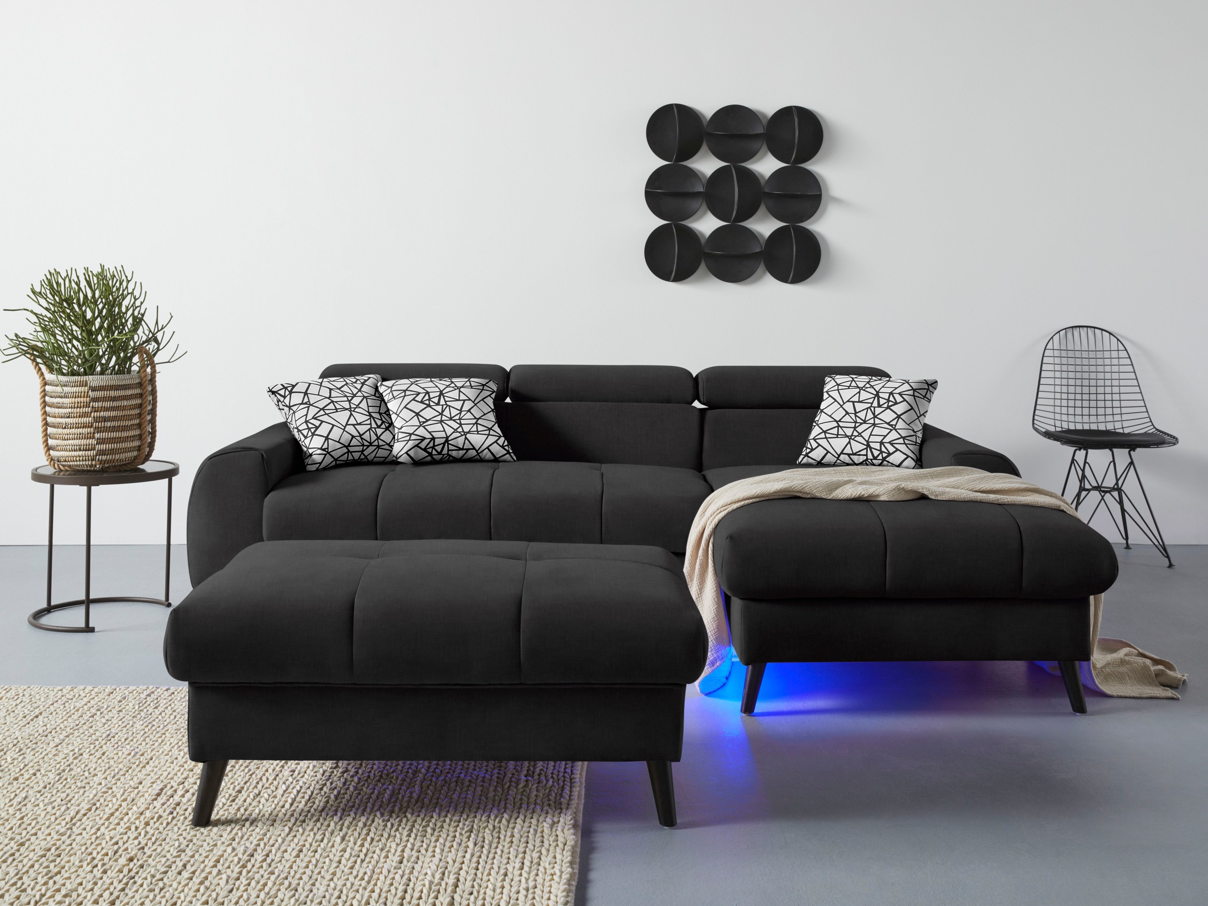 COTTA Ecksofa »Mia L-Form mit 3 Zierkissen«, wahlweise mit Bettfunktion, Bettkasten, Beleuchtung & Wireless-Charger