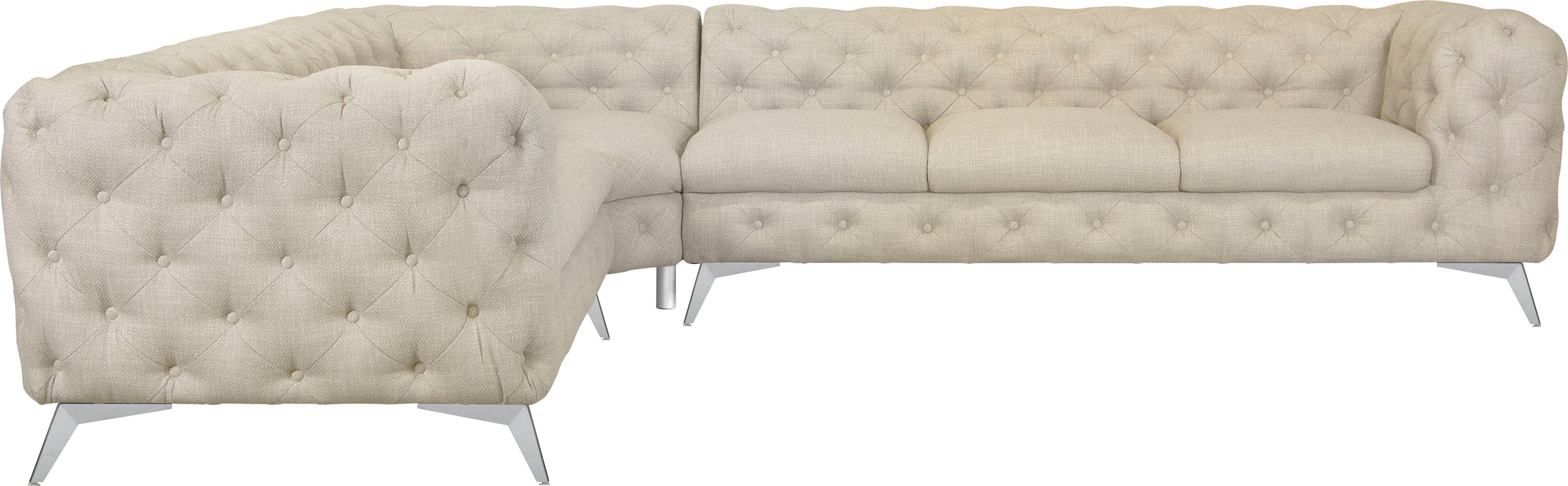 Leonique Chesterfield-Sofa »Ecksofa GLYNIS L-Form mit Wellenunterfederung, Maße B/T/H 323/264/75cm«, aufwändige Knopfheftung, moderne Chesterfield Optik, Fußfarbe wählbar
