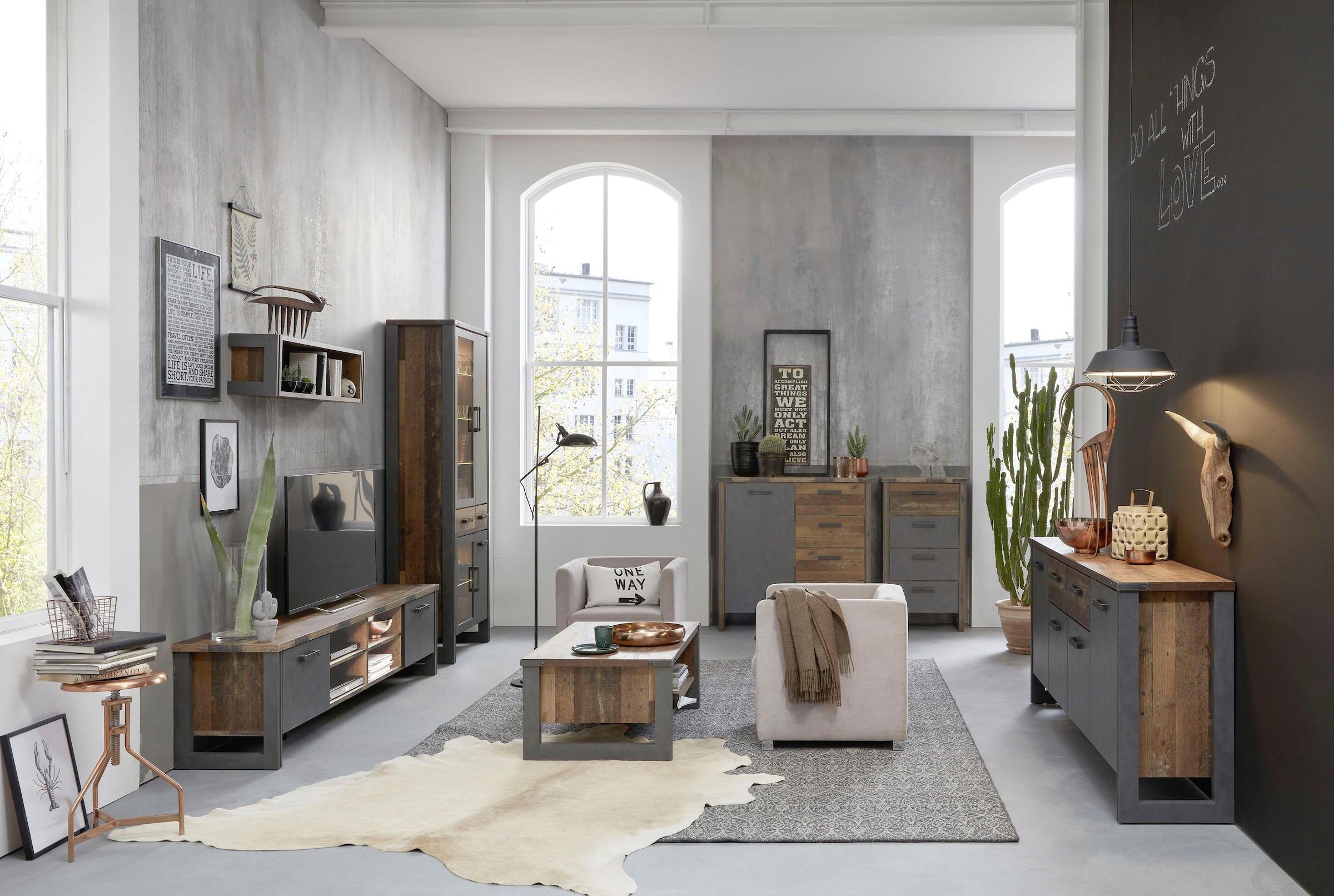Home affaire Lowboard »Bristol«, Breiter Fernsehtisch im Industrial Style - Maße (B/T/H) 207/42/52 cm