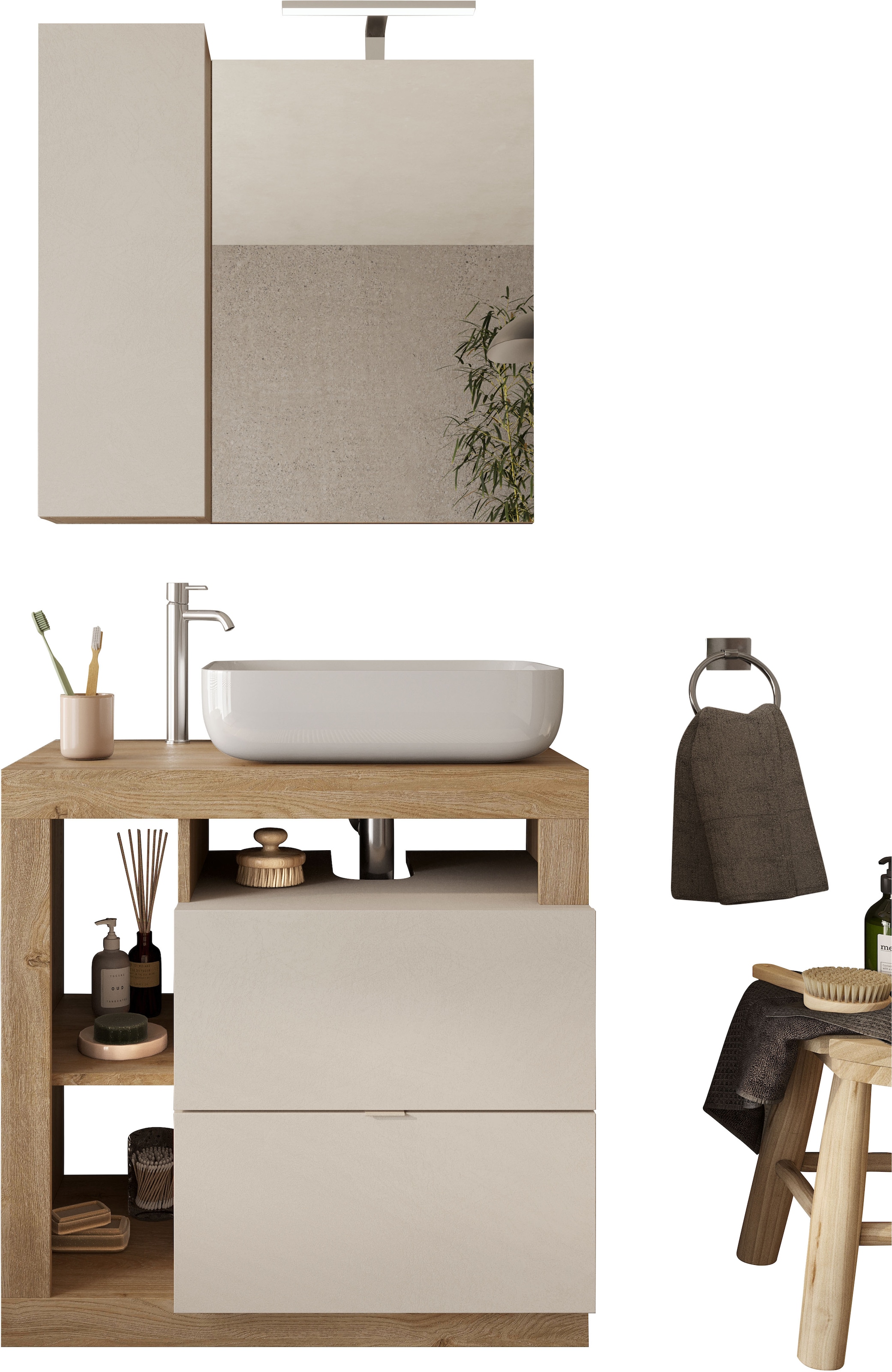 WELLTIME Badmöbel-Set »Hamburg, Badezimmerset 2tlg. Breite 79 cm, Badmöbel, Waschtisch inkl.« Spar-Set, 2 Stk. tlg. Cashmere/Eiche Cadiz NB