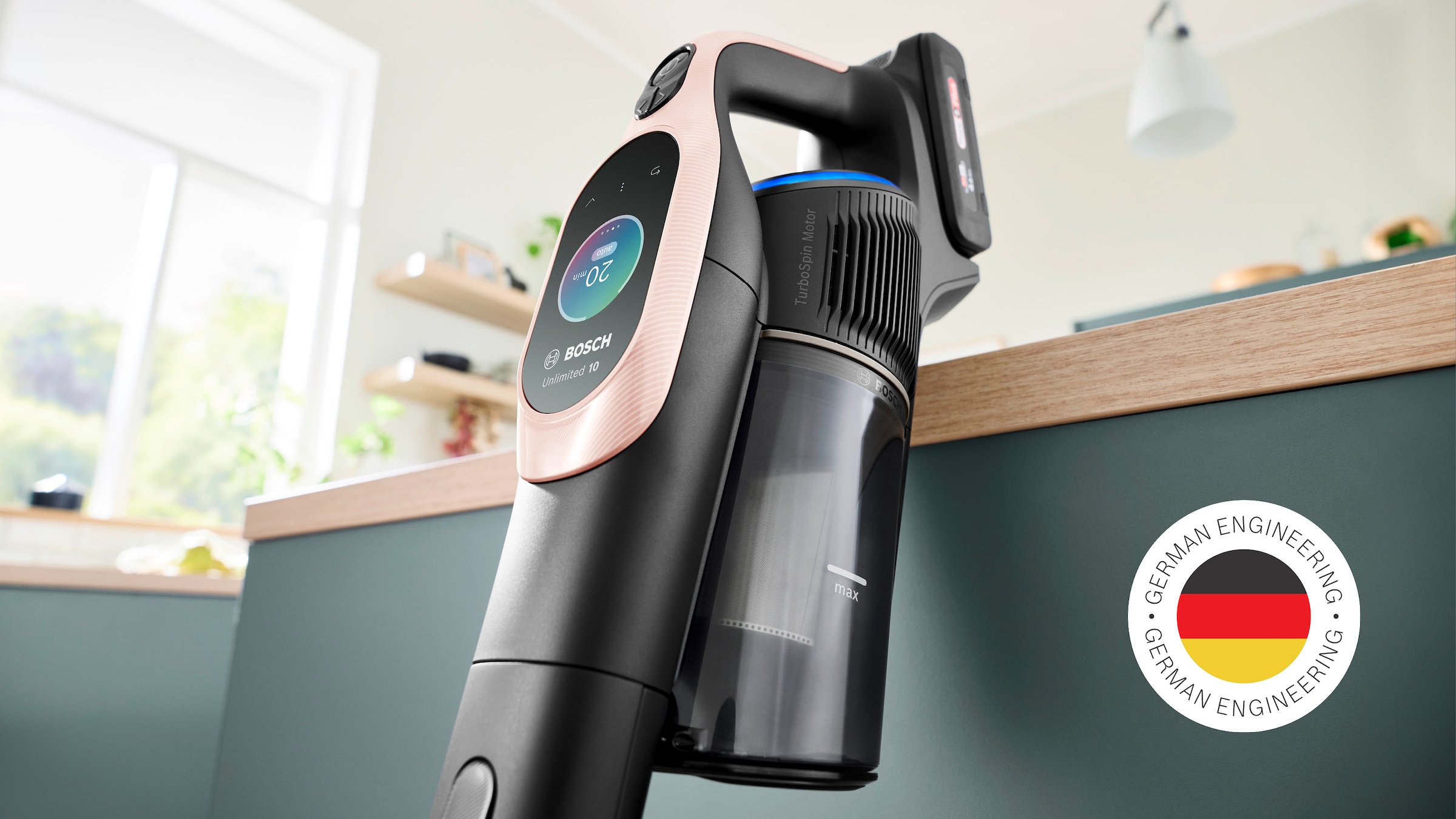 BOSCH Akku-Stielstaubsauger »Unlimited 10 BKS1041RHF, MicroClean™ Technology, Display, Knickrohr«, HEPA-Filtersystem, 10 Jahre Motorgarantie, LED-Licht, powder rose