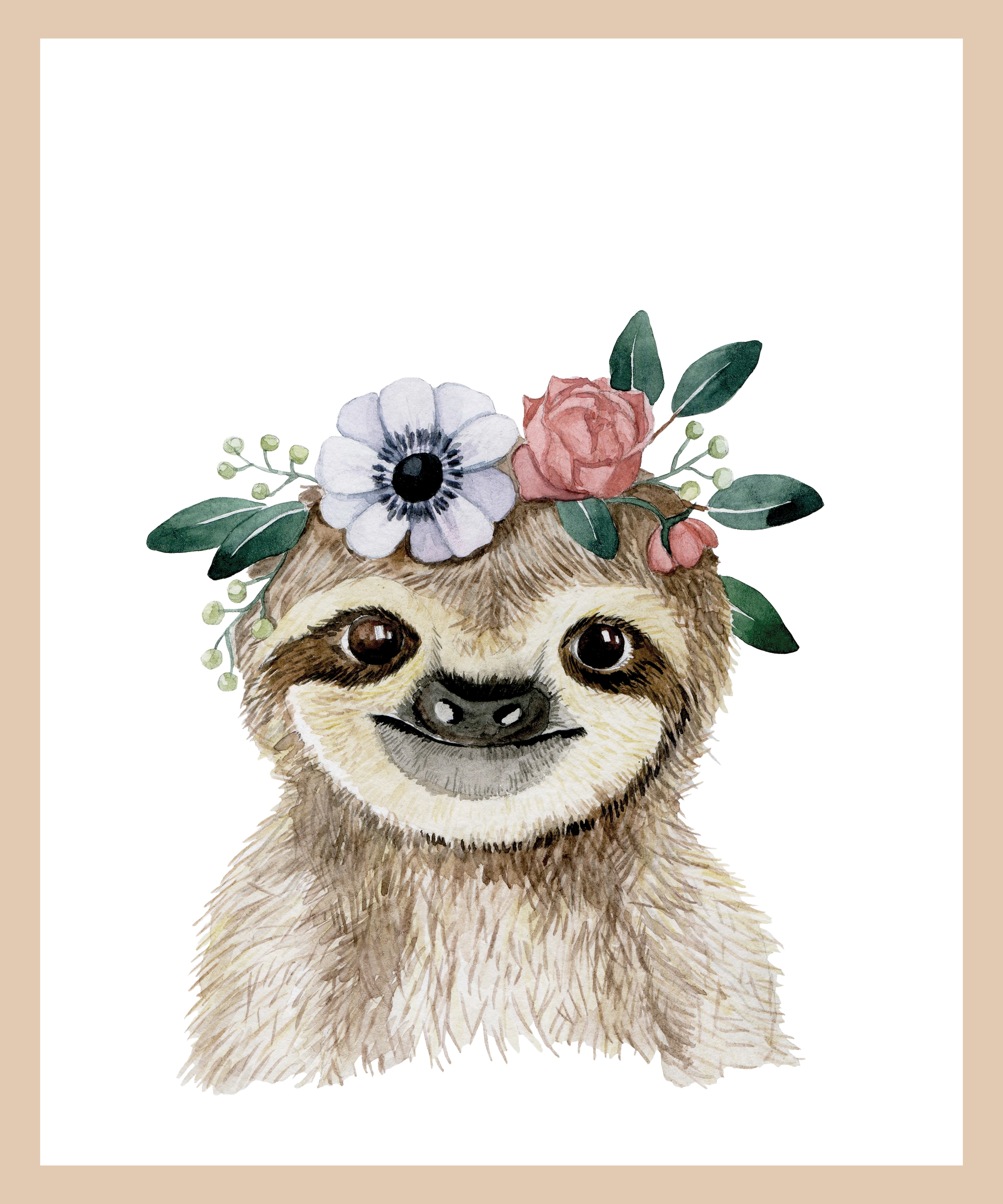 Lüttenhütt Bild mit Rahmen »Faultier mit Blumenkranz«, Fantasy-Faultier-Tiere, (1 St.), Premium Rahmenbild, Motive in wunderschönen Pastelltönen