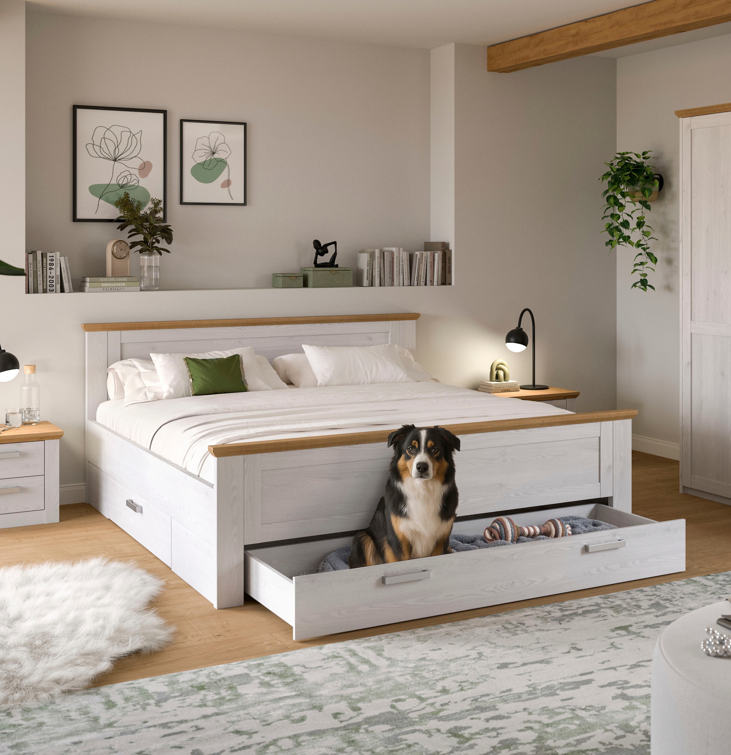 Home affaire Stauraumbett »COSENZA, Breite 189cm, im Landhausstil, 3 Schubkästen« für Matratzen 180x200 cm, viel Stauraum, ohne Matratzen und Lattenrost,  Bett, Kastenbett, Bettgestell, Schlafzimmer, Schlafen