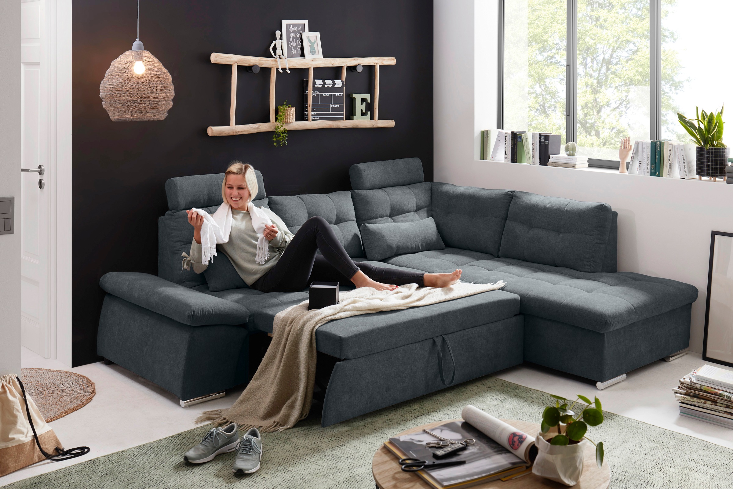 ED EXCITING DESIGN Ecksofa »Nalo L-Form«, mit Bettfunktion, Armteilverstellung, Kopfstützen & 2 Nierenkissen