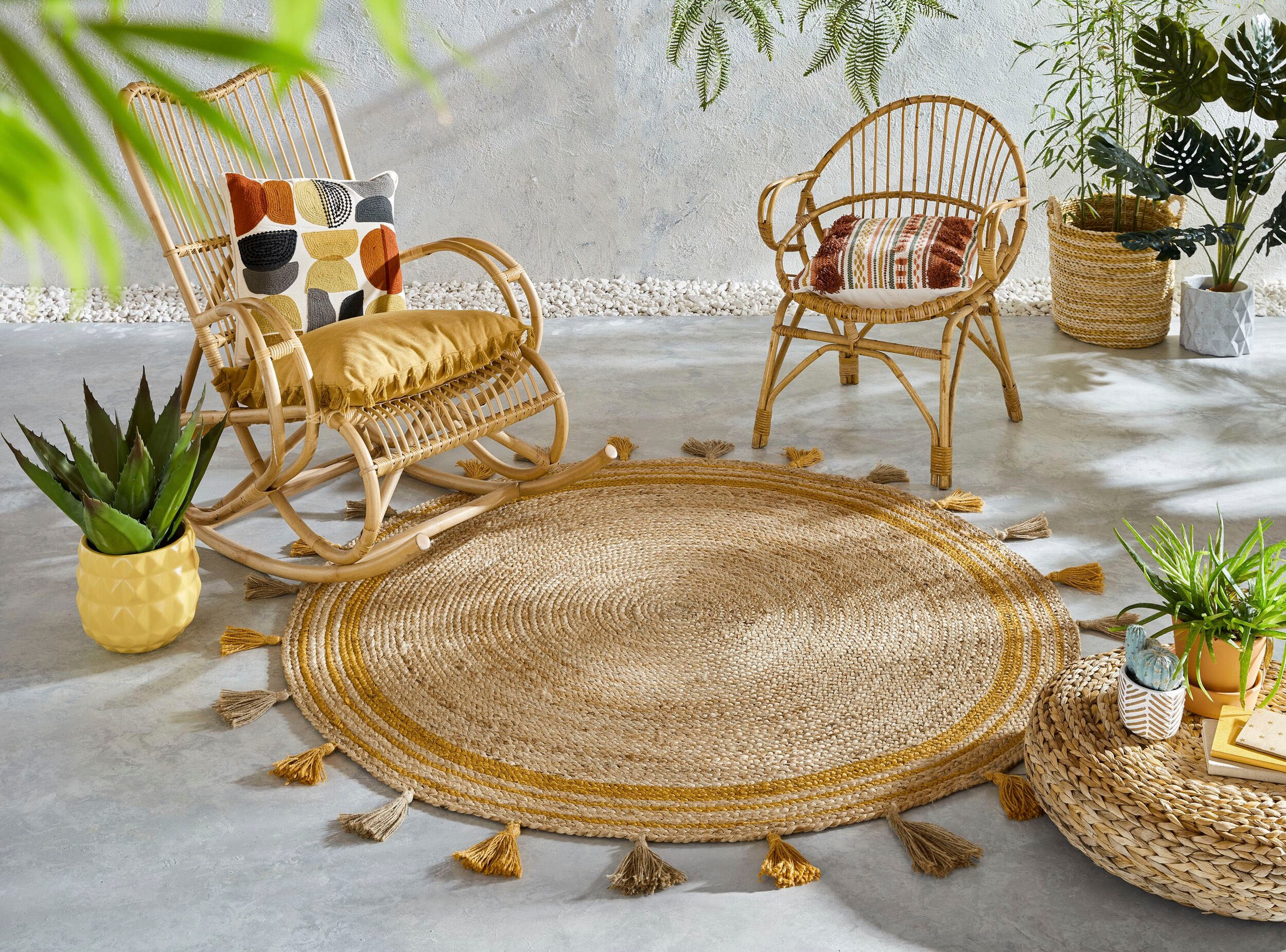 FLAIR RUGS Teppich »Istanbul«, rund, 7 mm Höhe, aus 100% Jute, mit Quasten & Bordüre