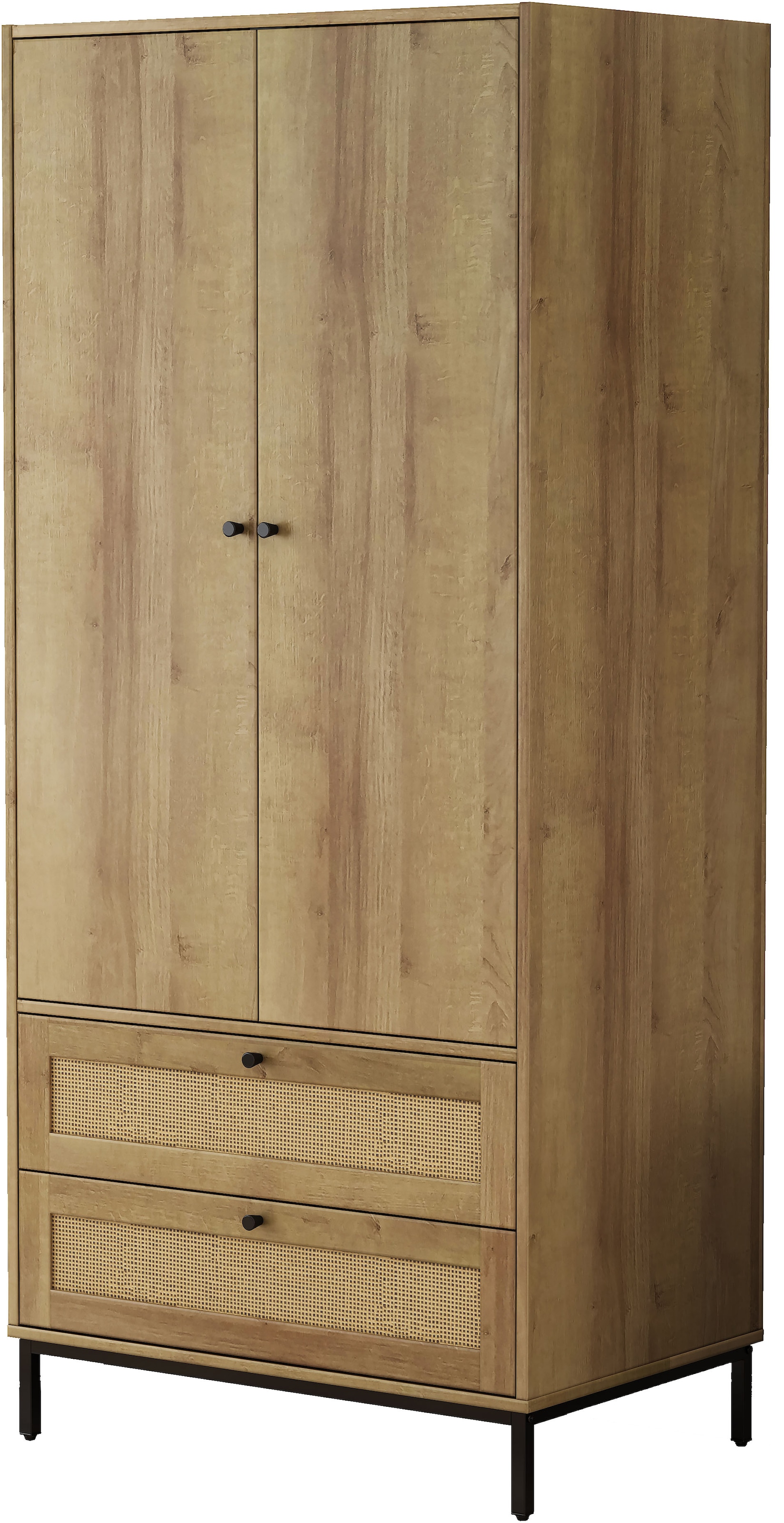 OTTO home Kleiderschrank »Motala Schlafzimmerschrank Garderobe Boho Eichen-Design Bestseller« Moderne schwarze Griffe, Schublade mit Geflecht, 