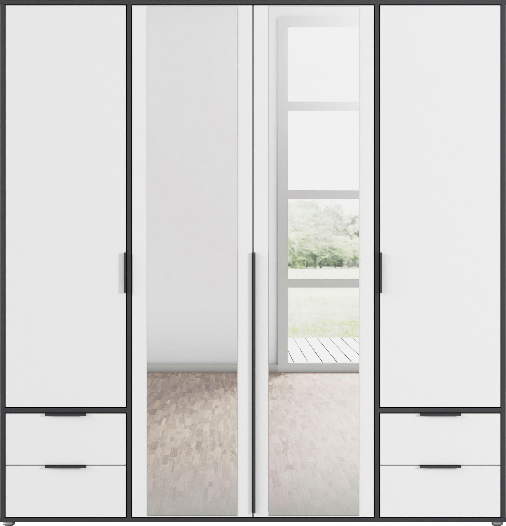 rauch Drehtürenschrank »Kleiderschrank Schrank Garderobe Wäscheschrank NAGATA mit Spiegel«, (in 3 verschiedenen Ausstattungen BASIC/CLASSIC/PREMIUM), und Schubladen sowie Stangengriffen TOPSELLER MADE IN GERMANY