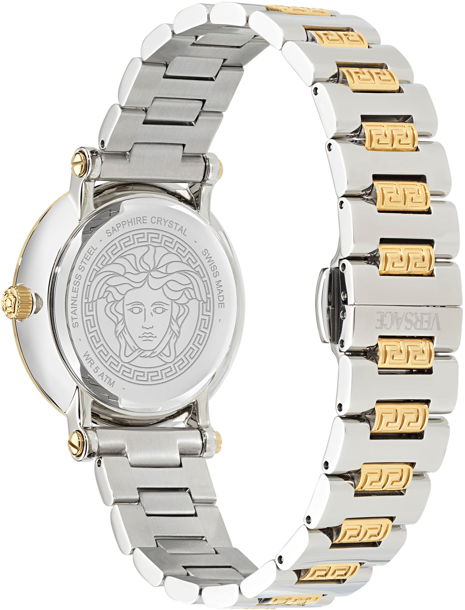 Versace Quarzuhr »GRECA SPHERE«, Armbanduhr, Damenuhr, Swiss Made, Saphirglas, Edelstahlarmband, analog