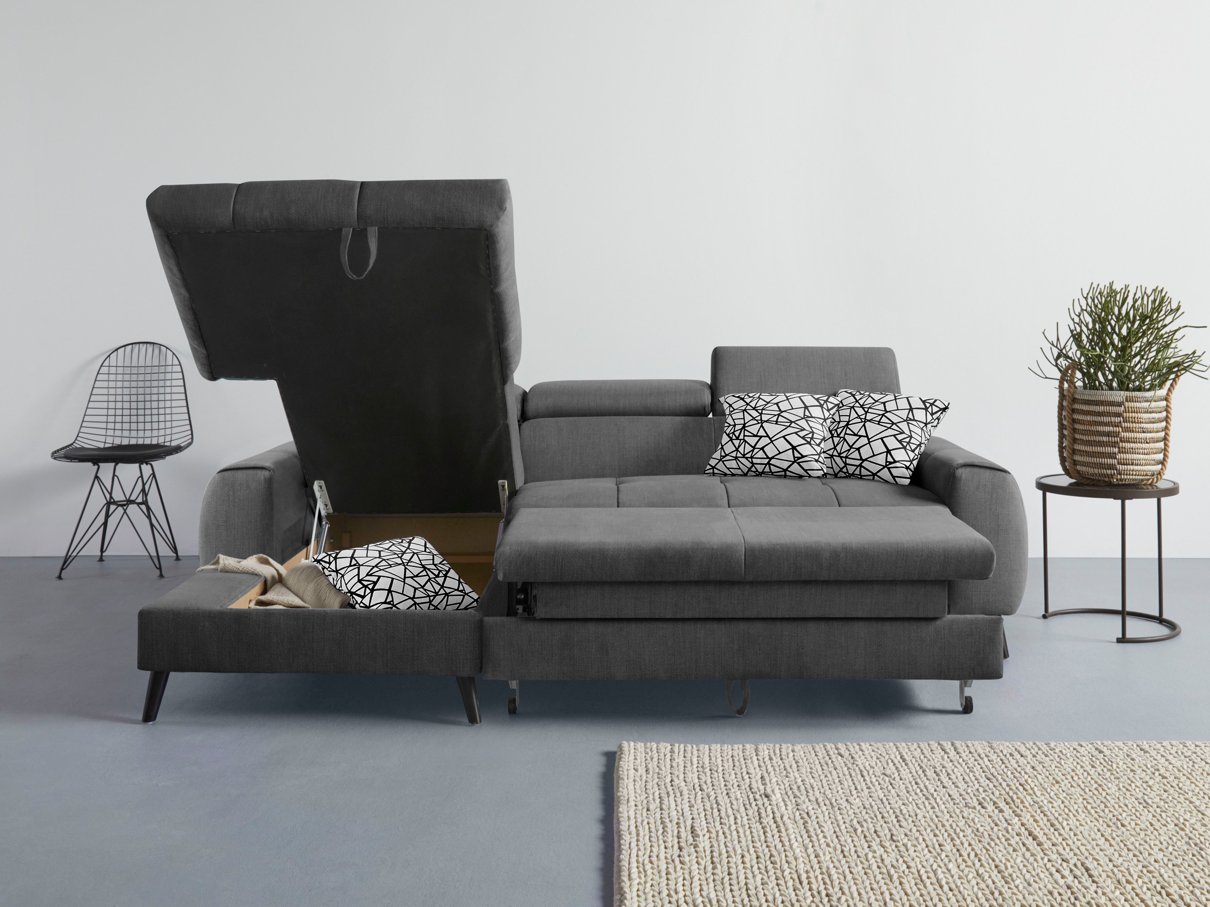 COTTA Ecksofa »Mia L-Form mit 3 Zierkissen«, wahlweise mit Bettfunktion, Bettkasten, Beleuchtung & Wireless-Charger