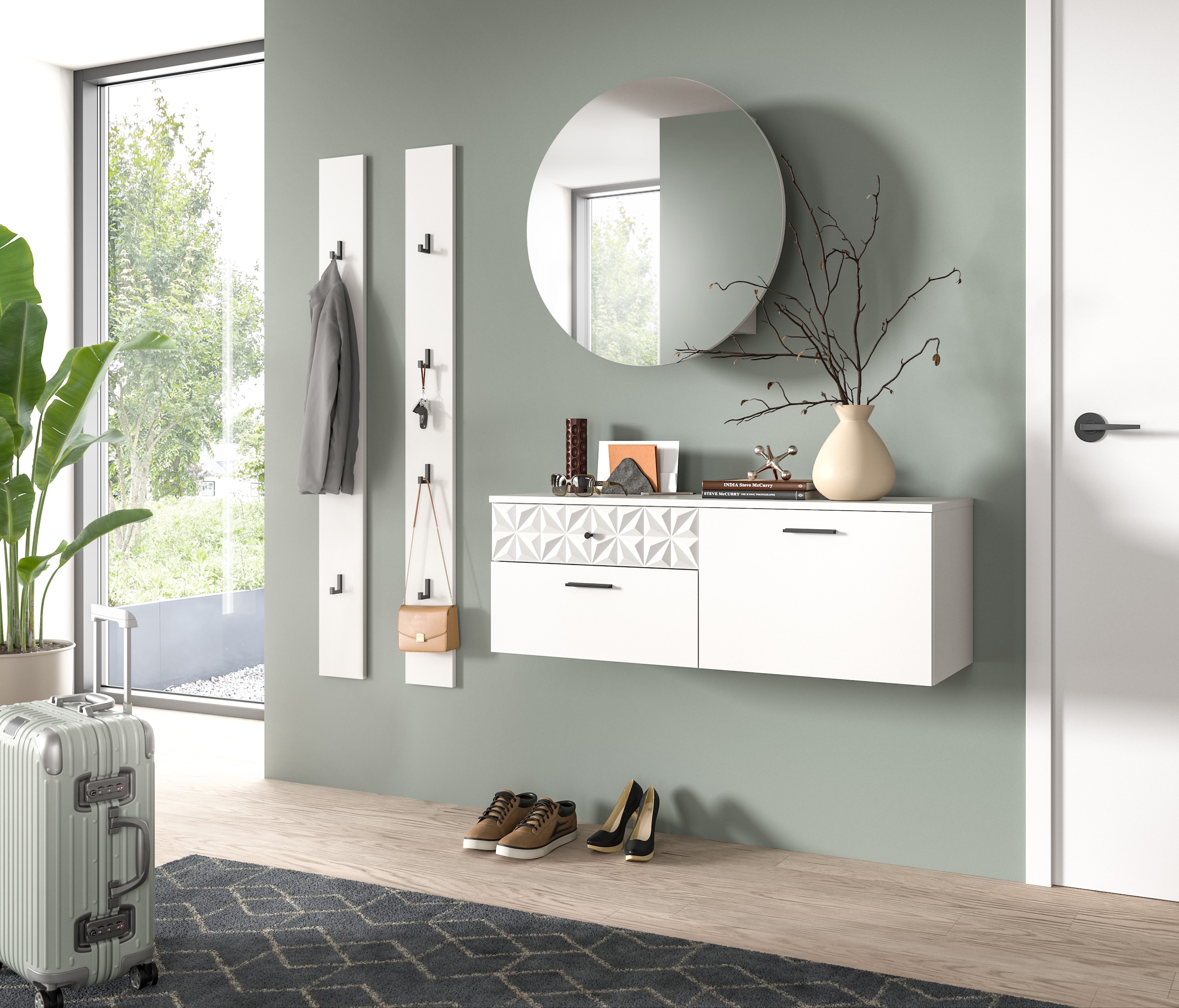INOSIGN Garderoben-Set »VICENZA, 4-tlg., mit foraler Ornamentabsetzung in der Front«, (4 St.), best. aus.: Schuhschrank, Spiegelschrank und 2x Hakenpaneel