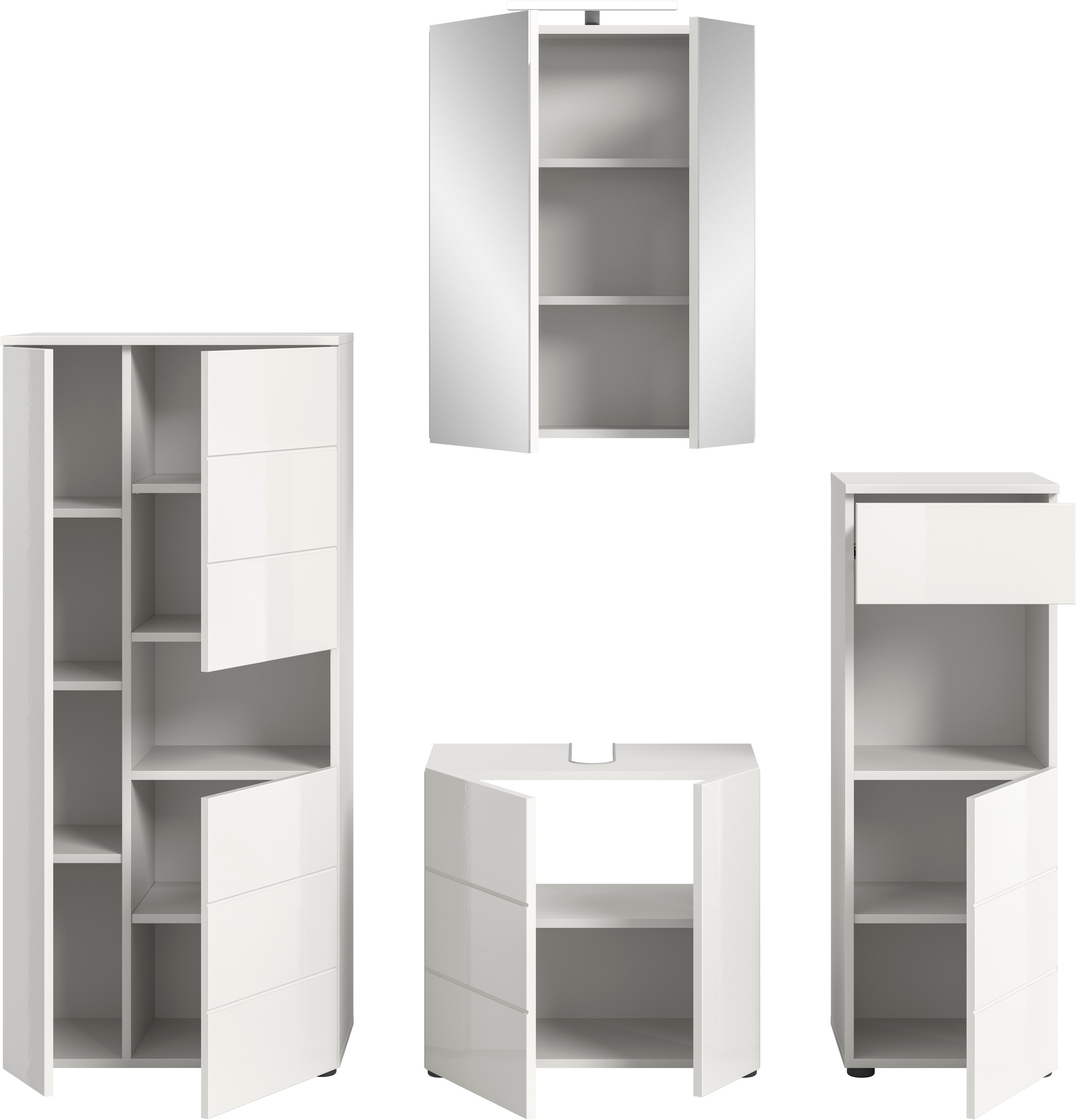 welltime Badmöbel-Set »Biel, Höhe 190 cm,Hochschrank,WBU, Spiegelschrank, Unterschrank, Lampe«, (5 St.), Bad Set, modernes Design, Unterschrank, Spiegel, Aufsatzleuchte