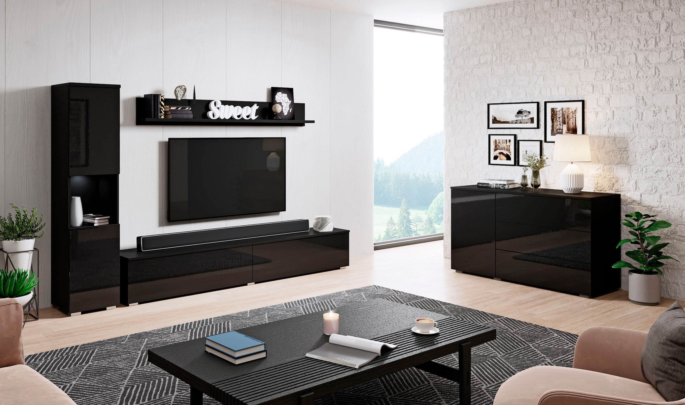 INOSIGN Wohnwand »PARIS«, (Komplett-Set, 3 St.), TV-Wand 220cm breite, grifflose Design, stehend und hängend montierbar