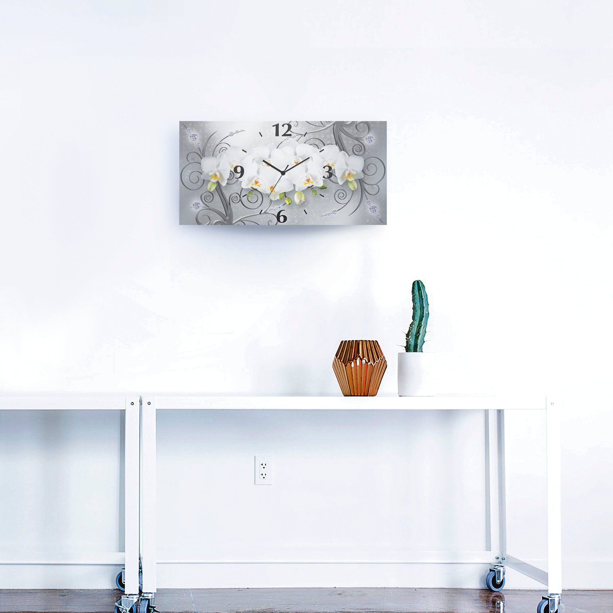 Artland Wanduhr »weiße Orchideen auf Quarz- gebogen, Raten bestellen Größen Funkuhrwerk, oder 3D Optik versch. mit auf Ornamenten«
