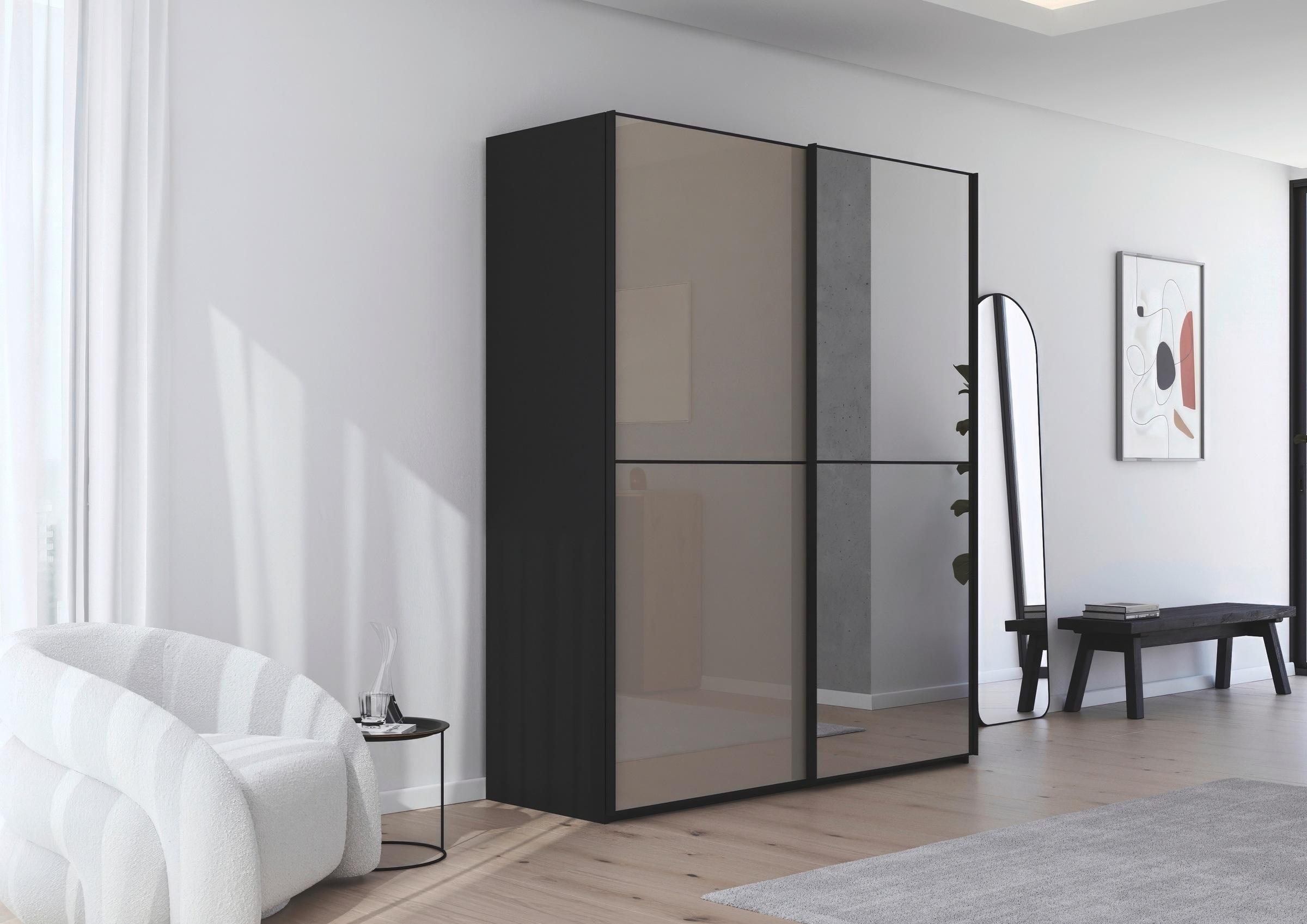 rauch Schwebetürenschrank »Kleiderschrank Schrank Garderobe Schlafzimmerschrank SCALE-DUO«, edle zweigeteilte Türen Spiegel/Glas-Mix 3 Zierleisten MADE IN GERMANY