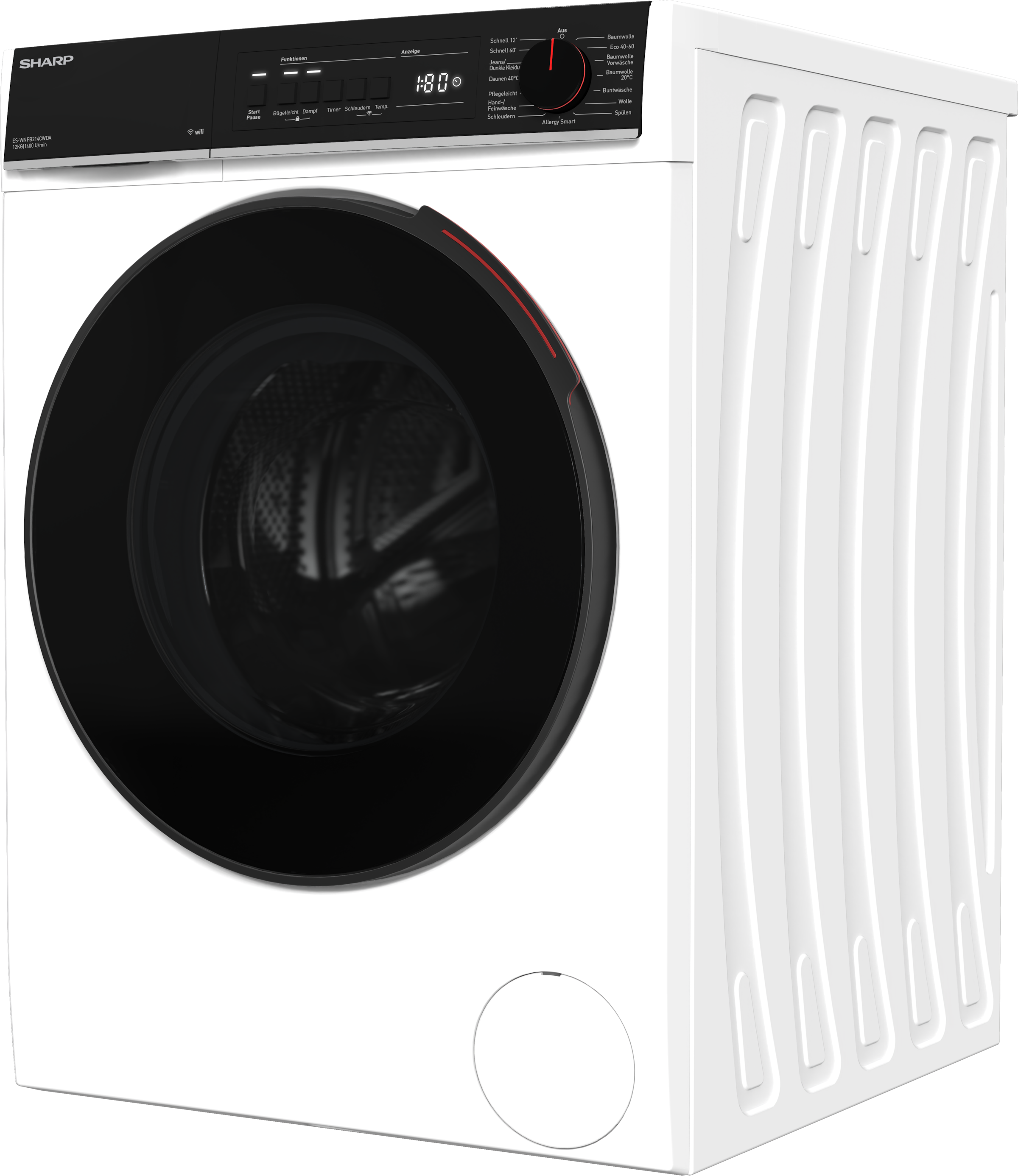 Sharp Waschmaschine Mid Class »ES-WNFB214CWDA-DE«, 12 kg, 1400 U/min, 12kg / +WIFI / A-20% / black Doorring+knob/Steam/White