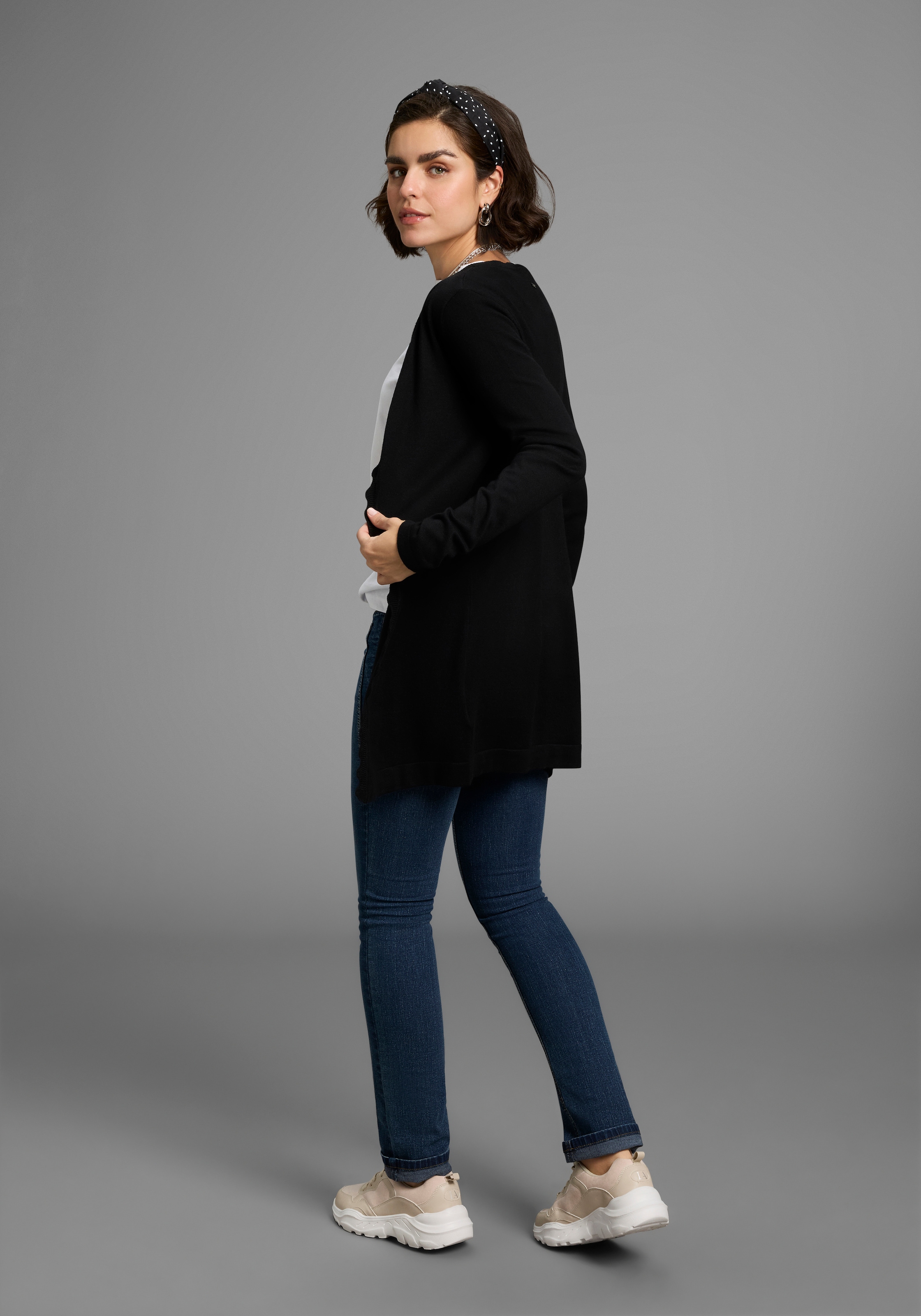 Laura Scott Strickjacke Feinstrick in Longform mit femininer Wellenkante