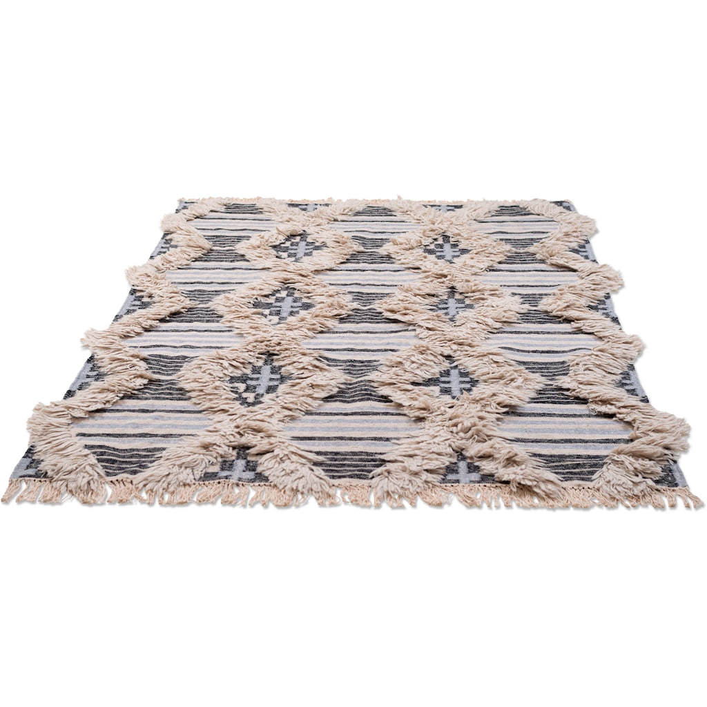 TOM TAILOR Teppich »Cozy Kelim«, rechteckig, 5 mm Höhe, handgewebt, mit Fransen, Boho-Style, ideal im Wohnzimmer & Schlafzimmer
