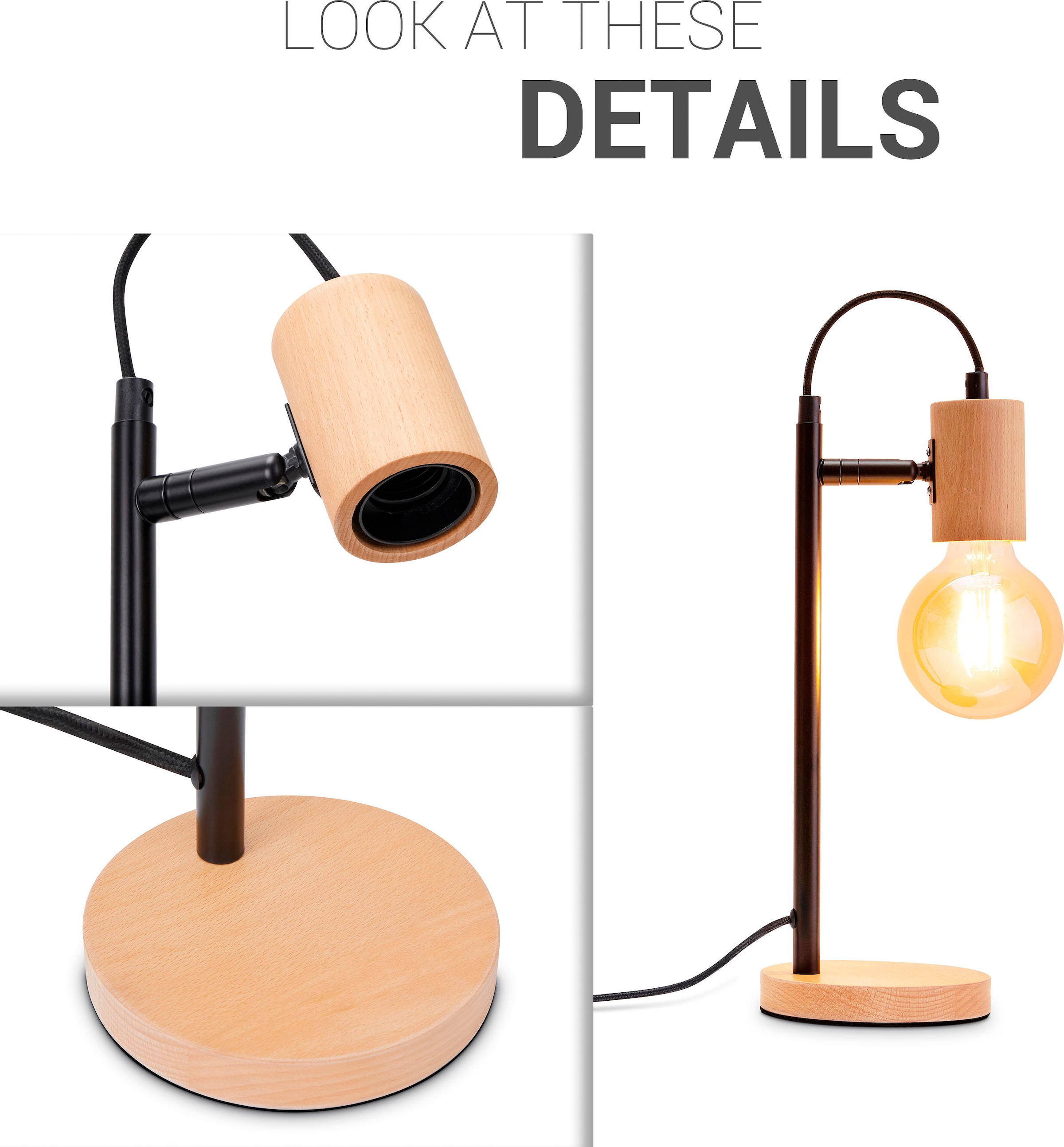 Paco Home Tischleuchte »ACHIM«, Leuchtmittel E27 | ohne Leuchtmittel, LED  Wohnzimmer Schlafzimmer Modern Zeitlos Deko Holz E27