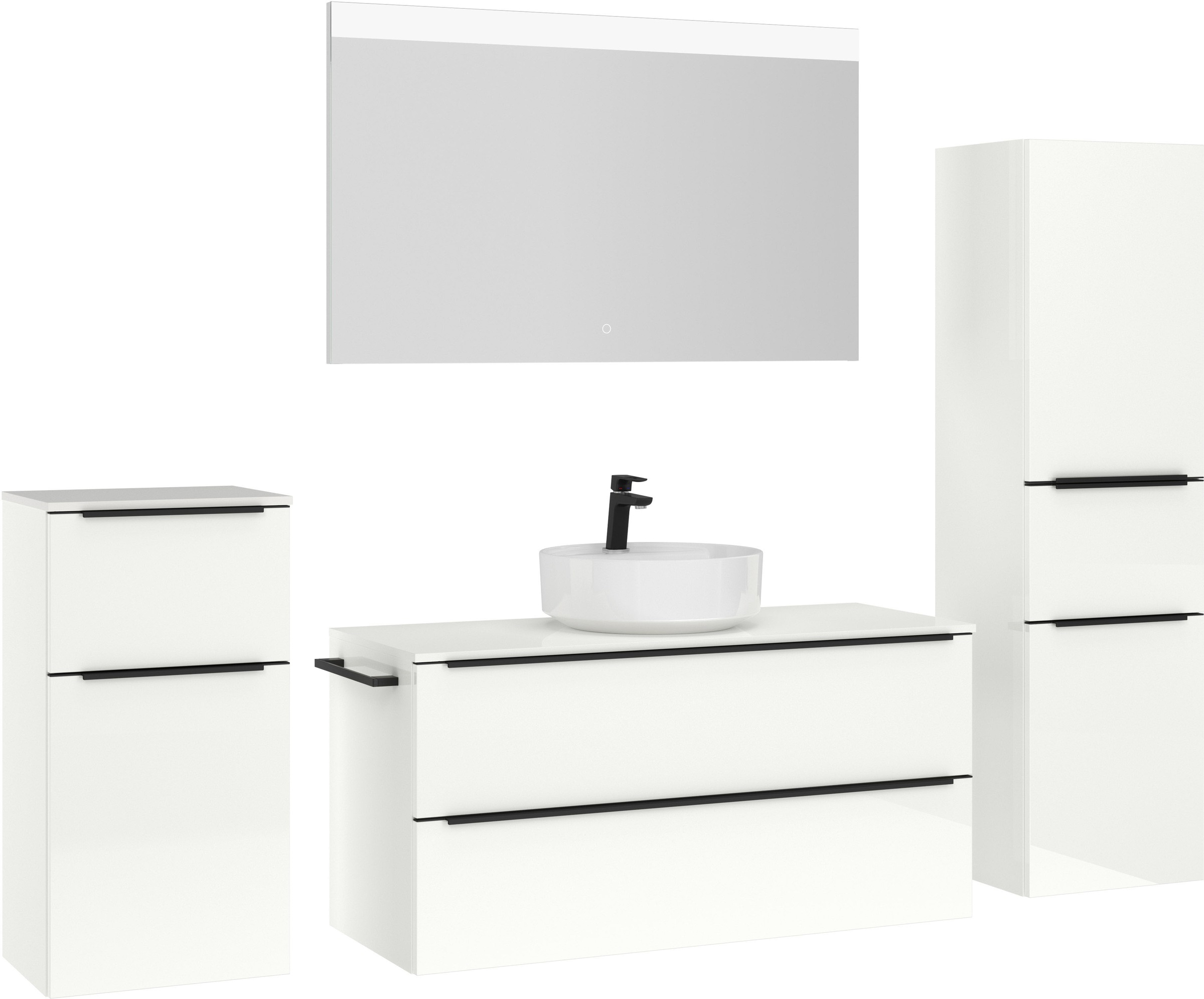 nobilia® Badmöbel-Set »Alvene«, (4 St., vormontiert, mit Soft-Close), Hochglanz, inkl. Spiegel mit Touch-Sensor, in vier Breiten