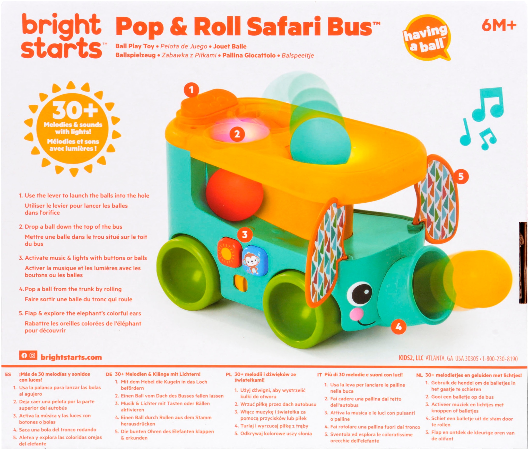 Bright Starts Lernspielzeug »Pop & Roll Safari Bus Ball Play Toy«, mit Licht und Sound