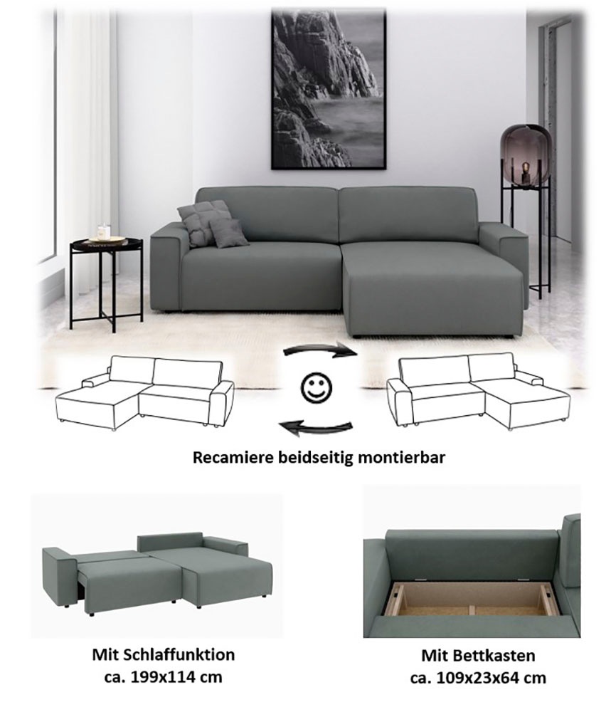 INOSIGN Ecksofa »Chance, Recamiere beidseitig montierbar, Schlaffunktion, Breite 265 cm«, auch in Cordstoff, Schlafsofa mit Bettkasten, Couch in L-Form