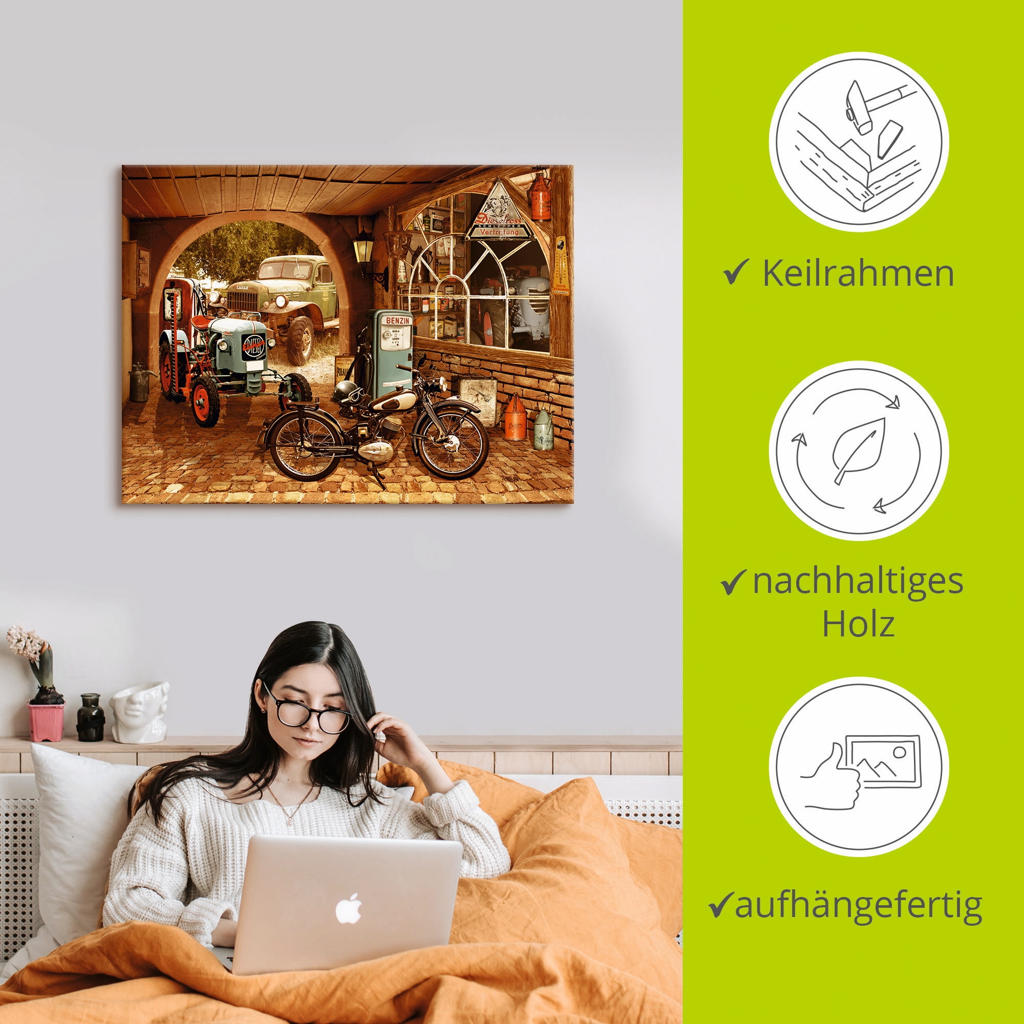 Artland Wandbild »Werkstatt mit Traktor und Motorrad«, Traktoren, (1 St.), als Alubild, Outdoorbild, Leinwandbild, Wandaufkleber, versch. Größen