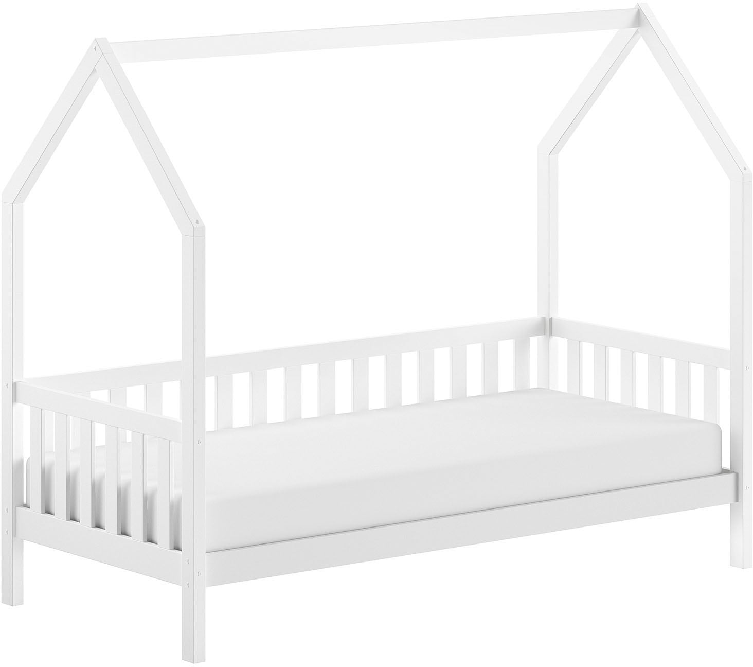 Vipack Hausbett »aus massiver Kiefer, natur oder weiß lackiert, stabil gebaut«, 90/200 inkl. Rolllattenrost, Umrandung, Bettschublade u. Dachaufbau