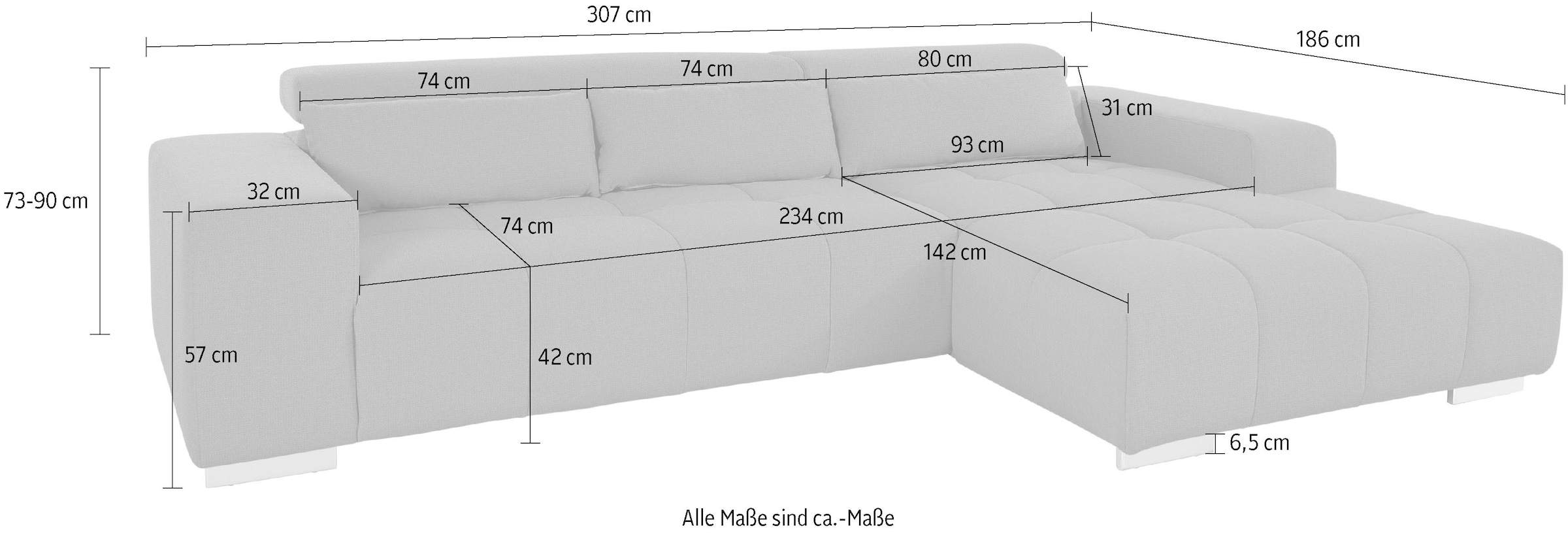 COTTA Ecksofa »Orion L-Form« mit 2x Kopfteilverstellung & 3 Nierenkissen