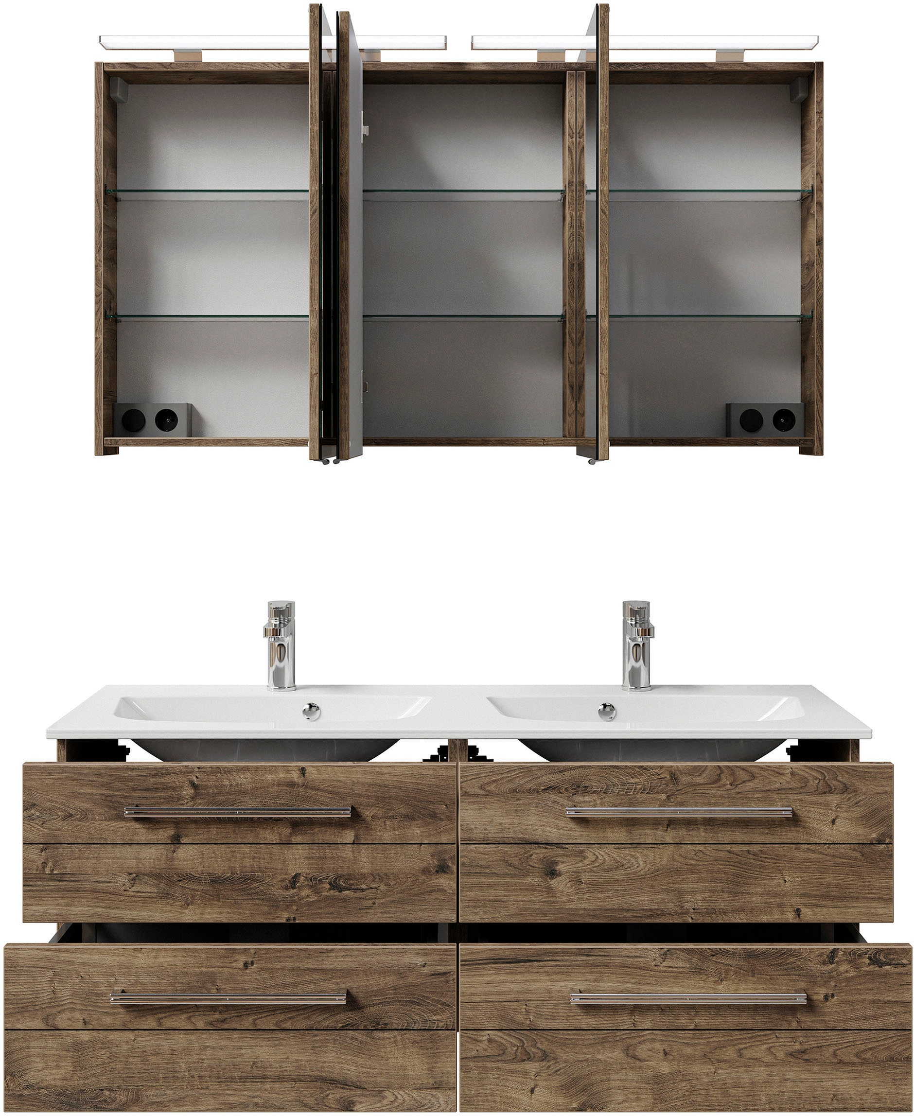 Saphir Badmöbel-Set »Serie 6025 2-teilig Mineralmarmor-Waschtisch mit LED-Spiegelschrank«, (2 St.), Waschplatz 132cm breit, 4 Schubladen, 2 Spiegel-Türen, inkl Türdämpfer