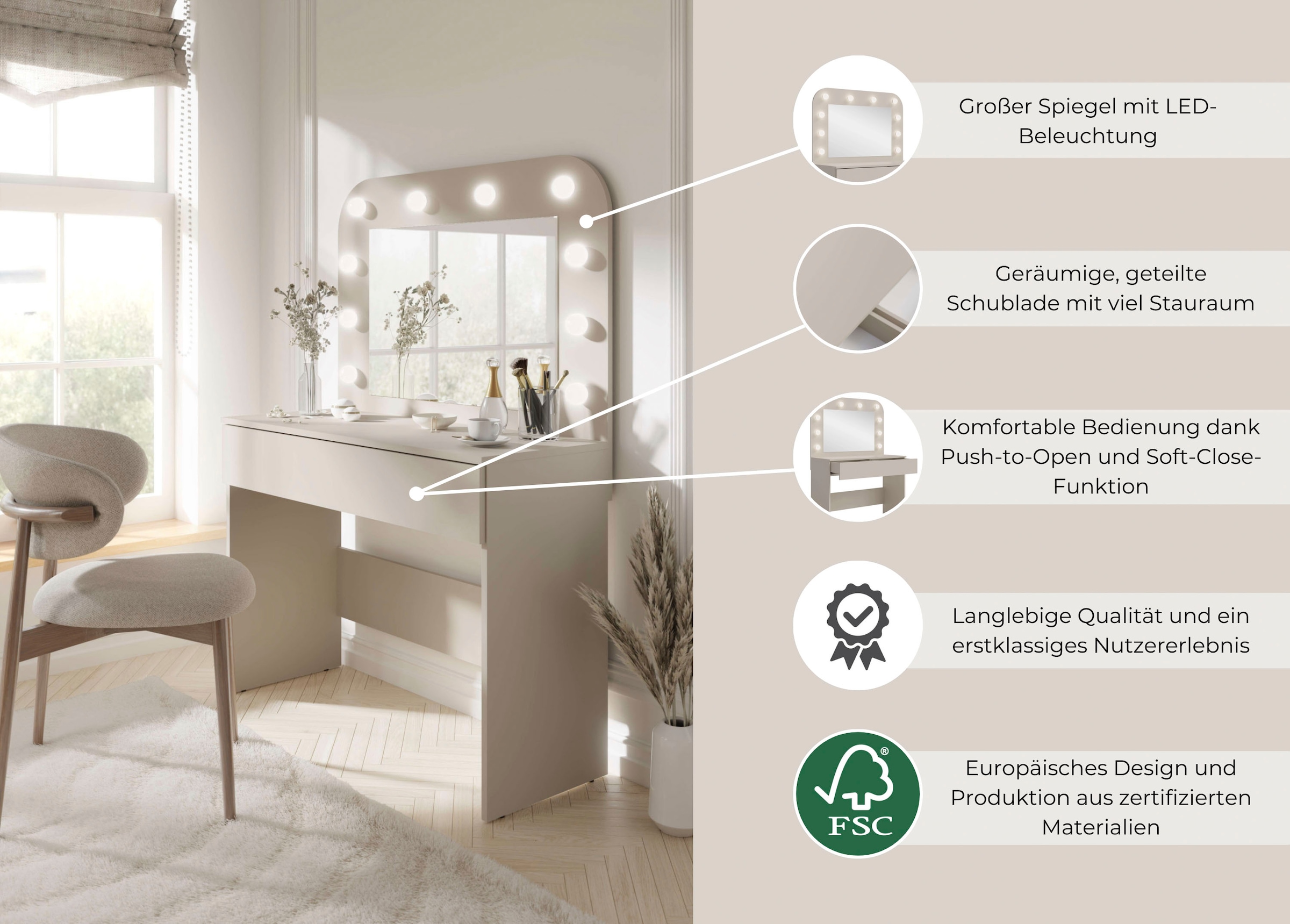 Home affaire Schminktisch »NANCY Frisiertisch mit Spiegel, Beleuchtung und Schublade, beige« Kosmetiktisch mit viel Stauraum, LED, Soft-Close, B/T/H 100/42,5/142cm