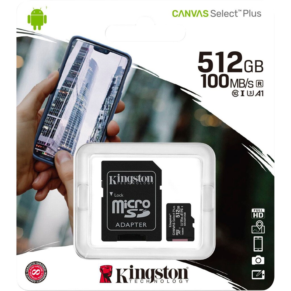 Kingston Speicherkarte »Canvas Select Plus microSD 512GB + ADP«, (UHS-I Class 10 100 MB/s Lesegeschwindigkeit)