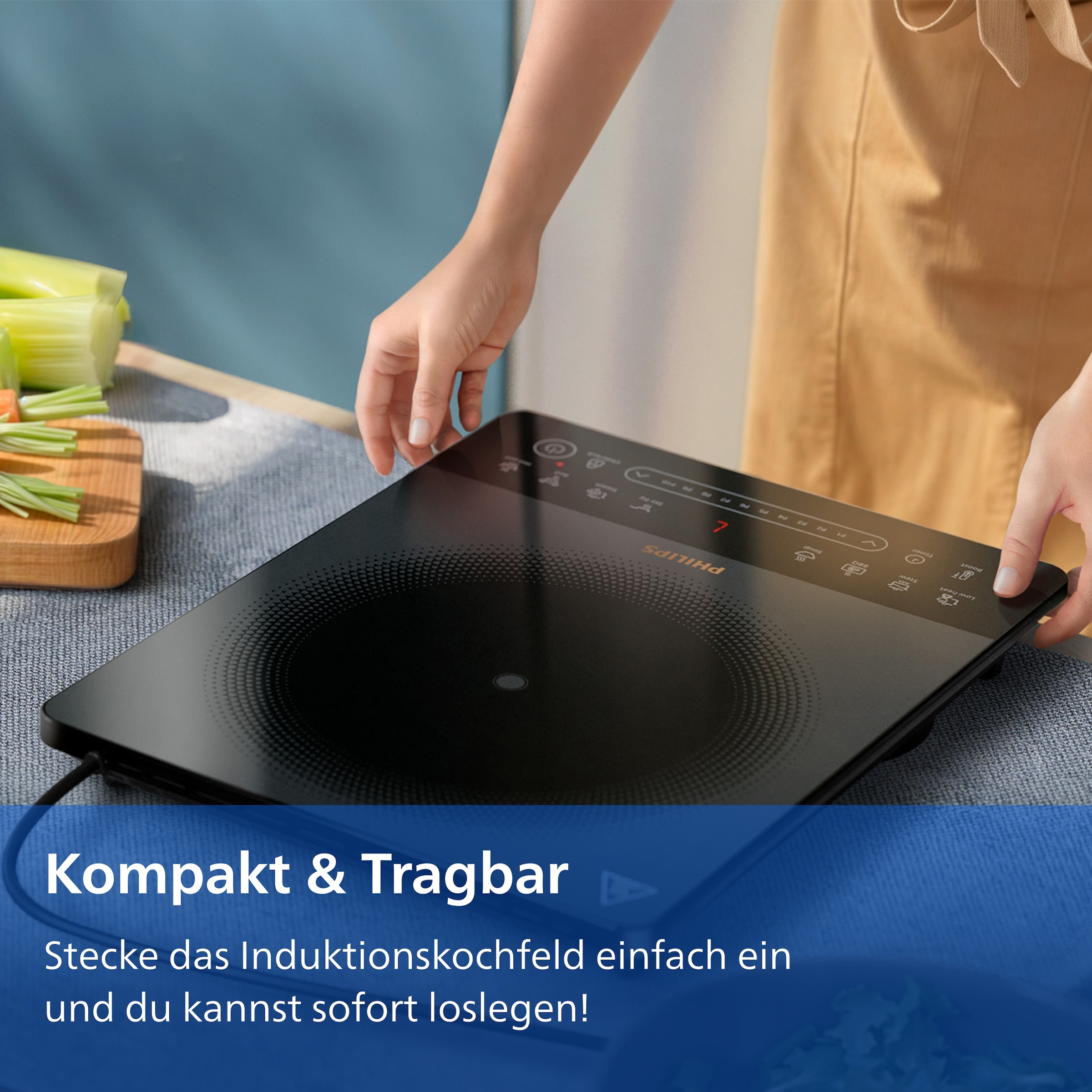 Philips Einzel-Induktionskochplatte »HD5850/90 5000 Series mit 10 Heizstufen, Boost-Funktion u. Timer« Ultraflaches Design, automatische Pfannenerkennung, Touch-Display