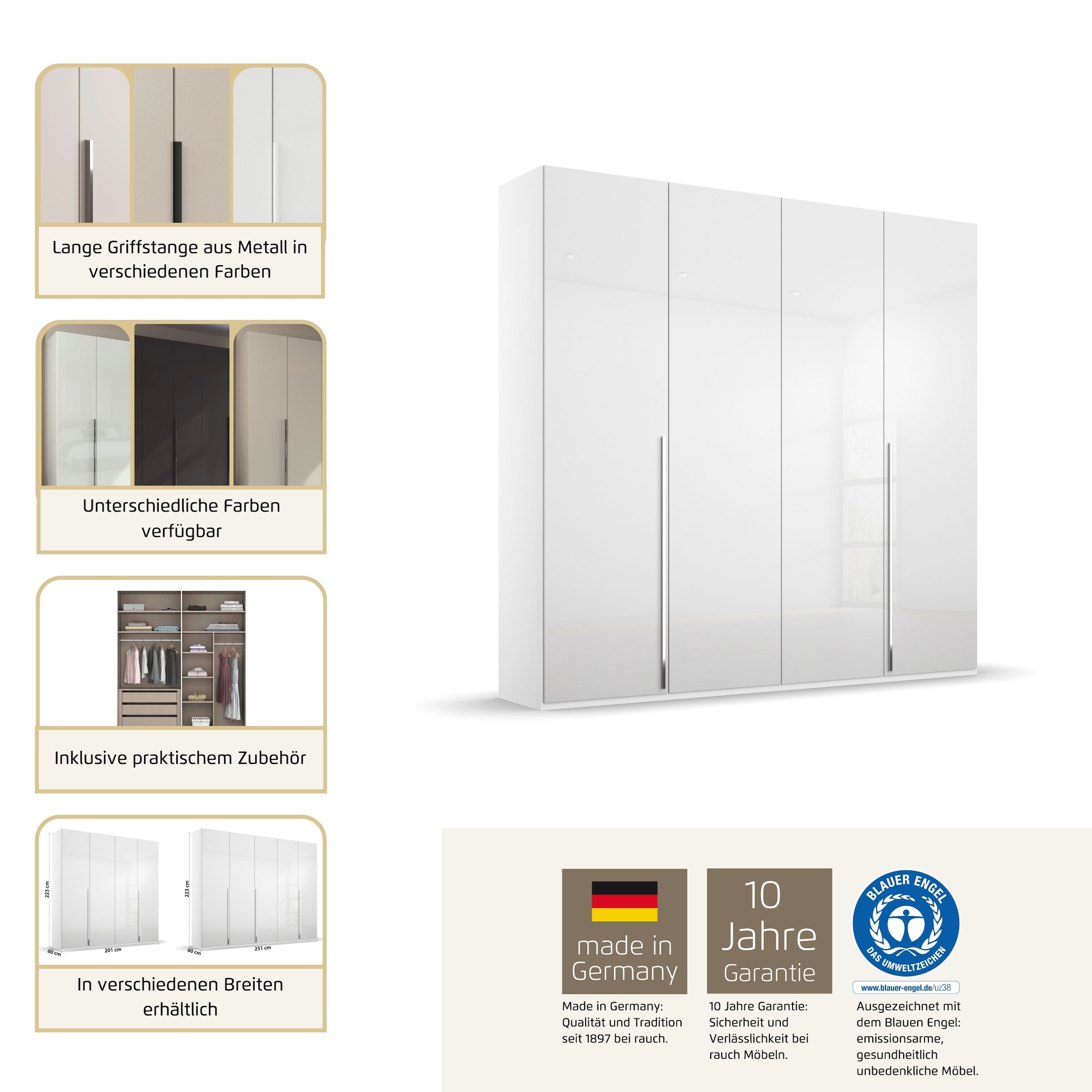 rauch Drehtürenschrank »Kleiderschrank Schrank Garderobe Wäscheschrank BESTSELLER MONTCLAR« 3 Ausstattungen BASIC/CLASSIC/PREMIUM, Breiten 201/251/301/350/400 cm,  Front in Glas/Hochglanz/Dekor/Grauspiegel in 5 Breiten MADE IN GERMANY