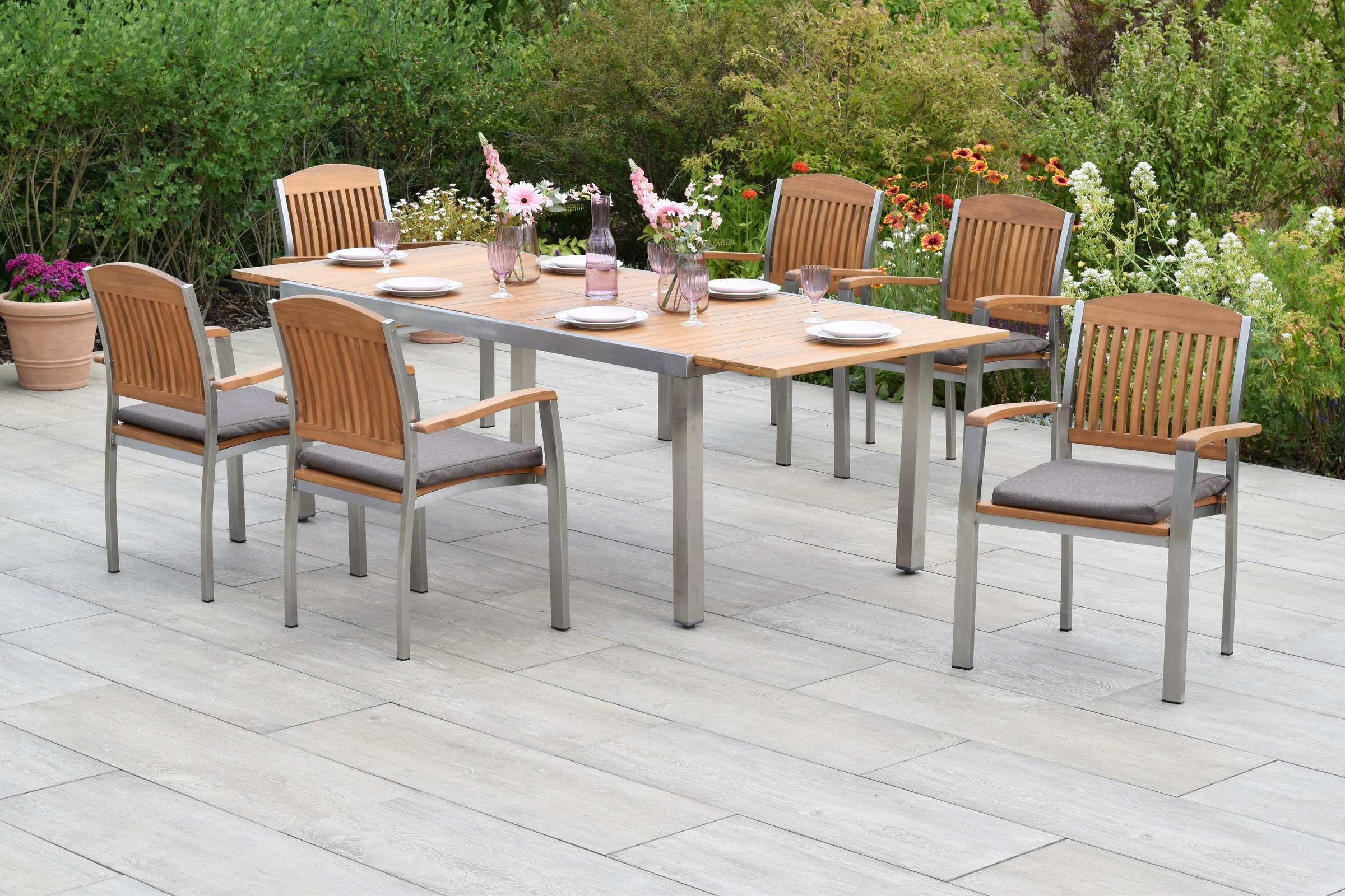 MERXX Garten-Essgruppe »»Keros«« Set, Geöltes Akazienholz, Edelstahlgestell günstig online kaufen