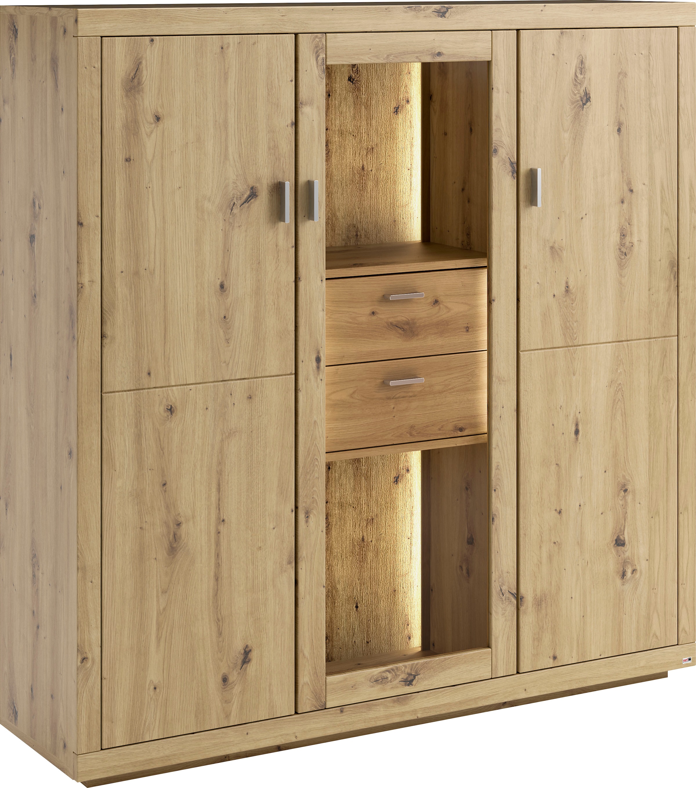 set one by Musterring Highboard »Chandler«, Rückwand mit sangestrahlter Optik, Tür mit Glasausschnitt