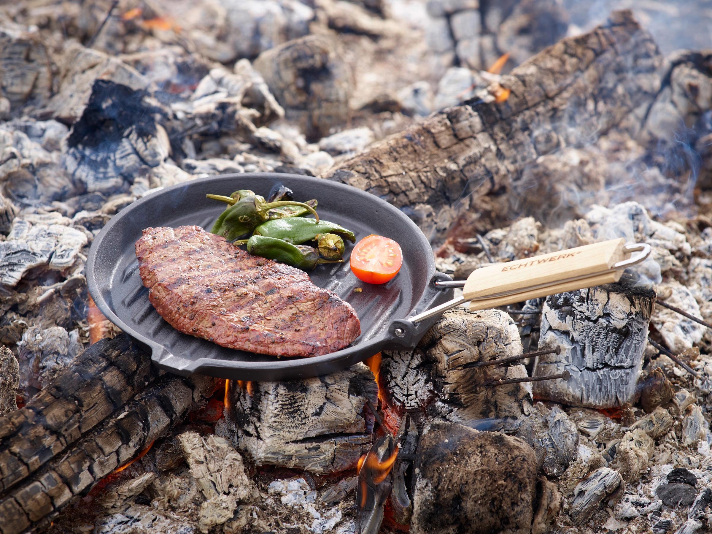 ECHTWERK Grillpfanne, Gusseisen, (1 tlg.), Steakpfanne mit Grillstreifen, Holzgriff, Emaille-Beschichtung, Ø 23cm
