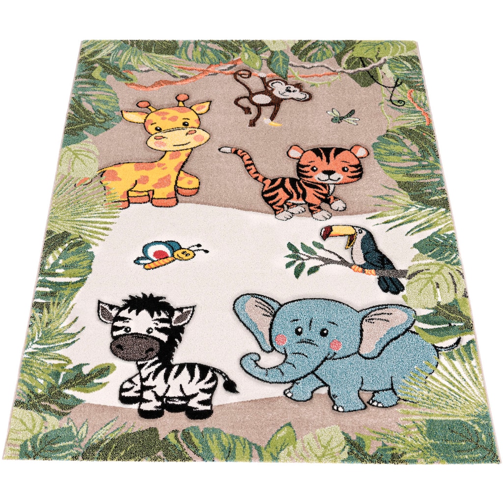 Paco Home Kinderteppich »Diamond 644«, rechteckig, 3D-Design, Motiv Dschungel Tiere, Kinderzimmer