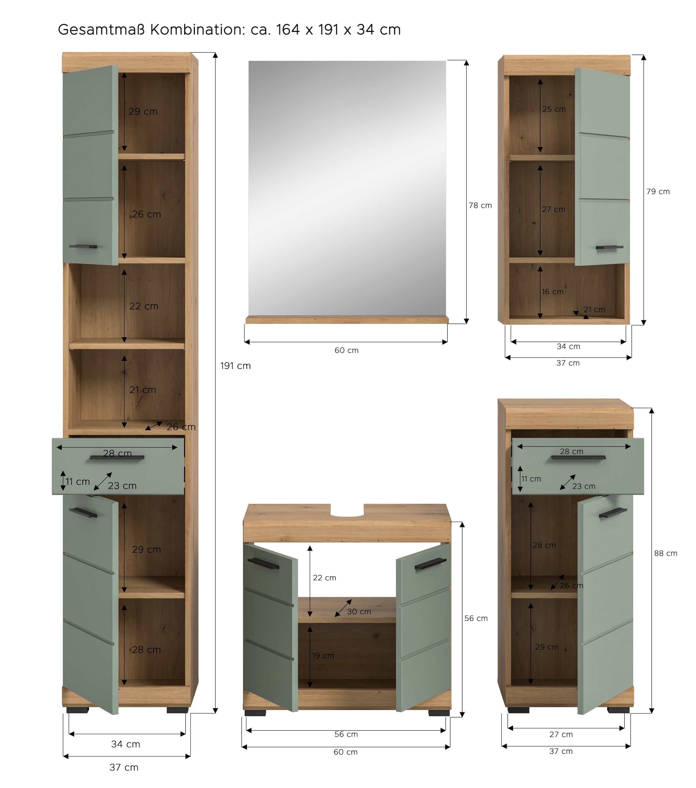 INOSIGN Badmöbel-Set »Siena, 5 teilig, bestehend aus:«, (Set, 5 St.), Hochschrank, WBU, Spiegel, Unterschrank, Hängeschrank