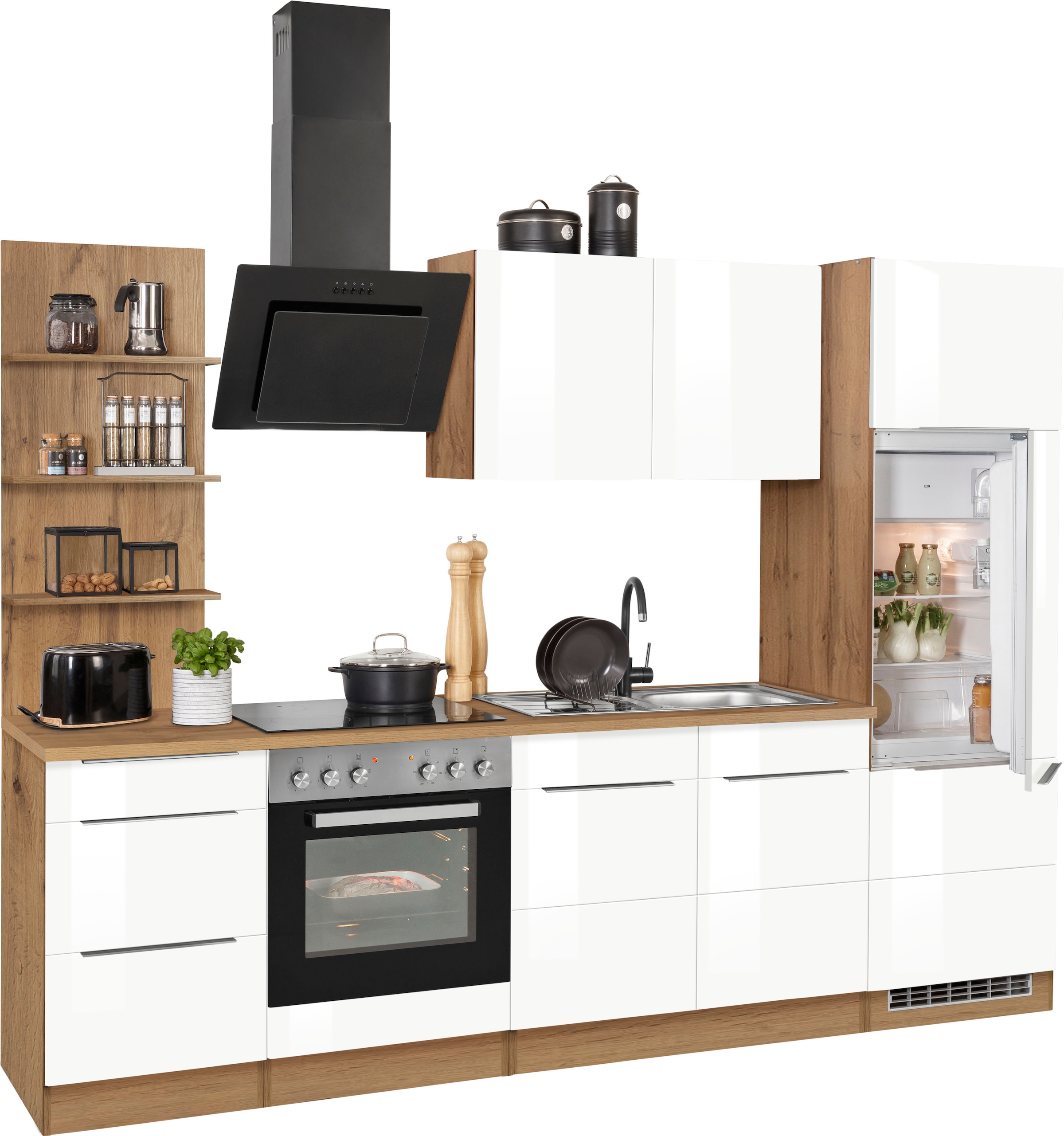 KOCHSTATION Küchenzeile »KS-Brindisi«, Breite 270 cm, wahlweise mit E-Geräten, mit MDF-Fronten und Regal