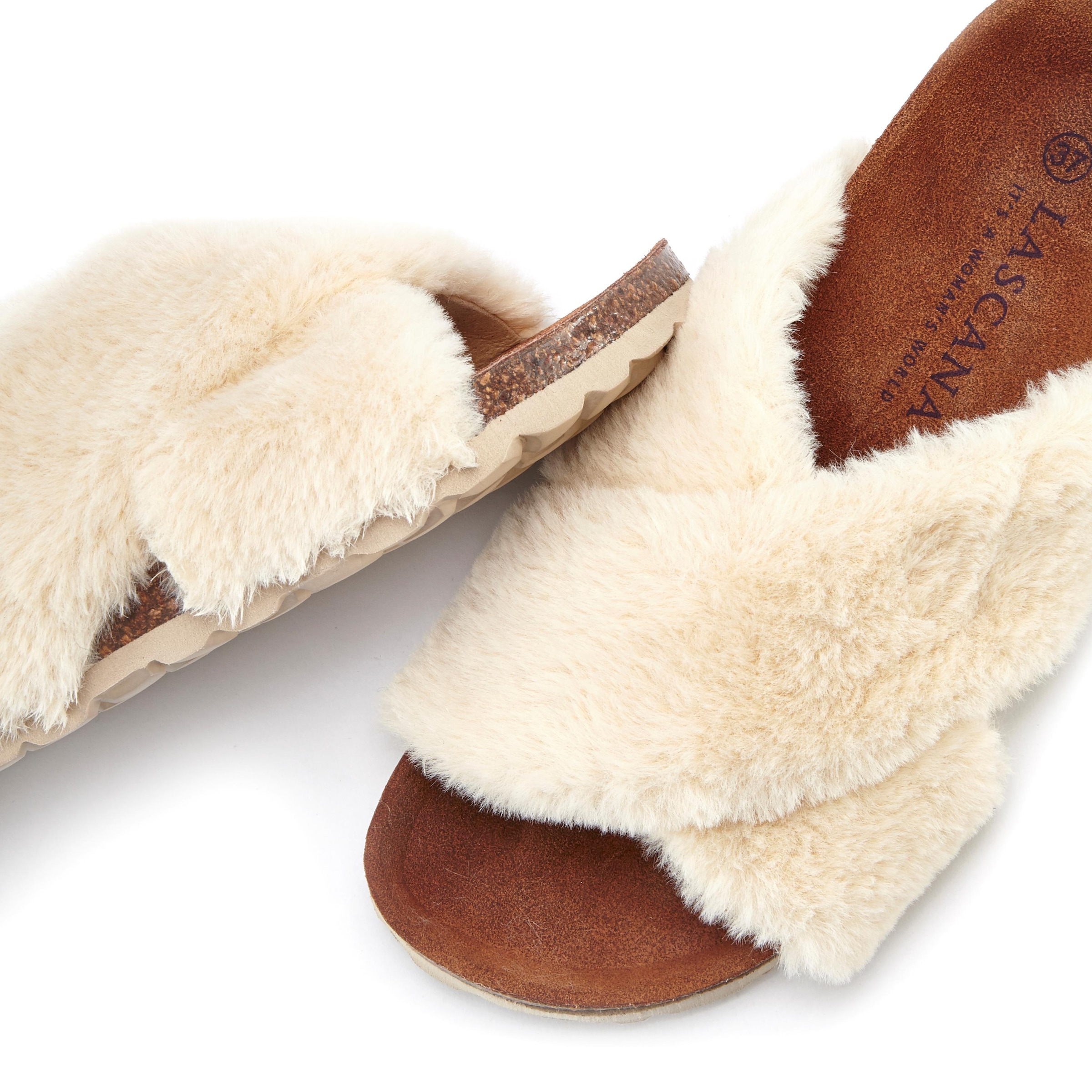 LASCANA Pantolette »Hausschuh, Mule, Sandale, offener Schuh,«, mit Korkfußbett und Fellimitat