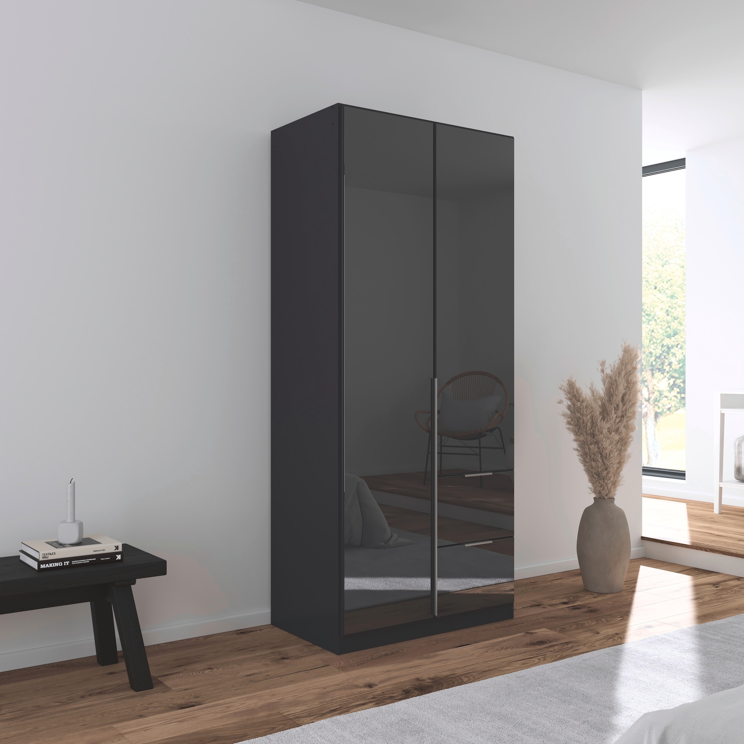 rauch Drehtürenschrank »Kleiderschrank Kleiderschränke Schrank Garderobe AGORDO mit Glasfront«, (in zwei Griff-Farben mit Glasfront), mit Außenschubkästen, in 6 Breiten und 2 Höhen MADE IN GERMANY