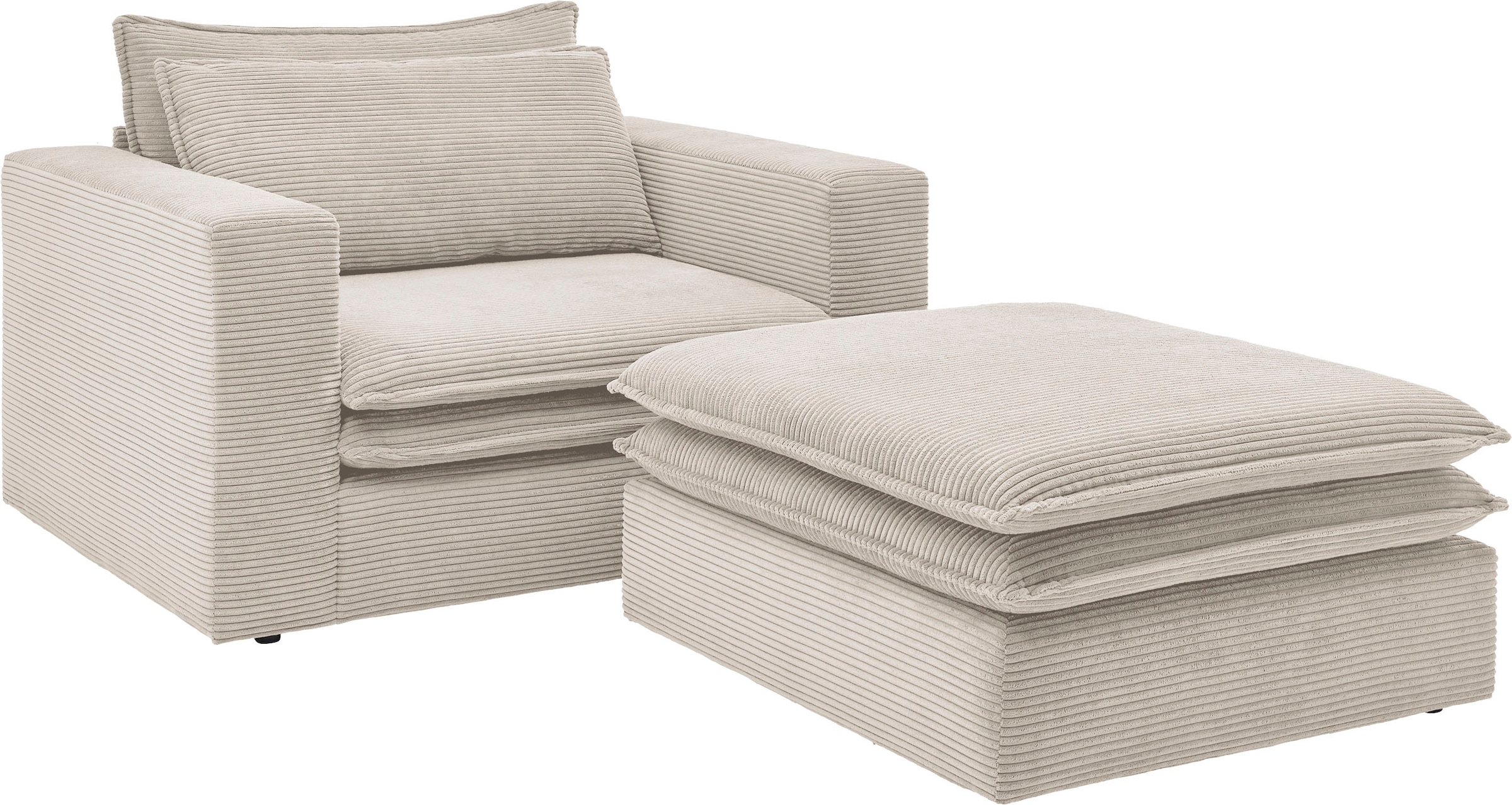 Places of Style Sitzgruppe »PIAGGE«, (2 tlg.), Hochwertiger Cord, Sessel und Hocker klein im Set